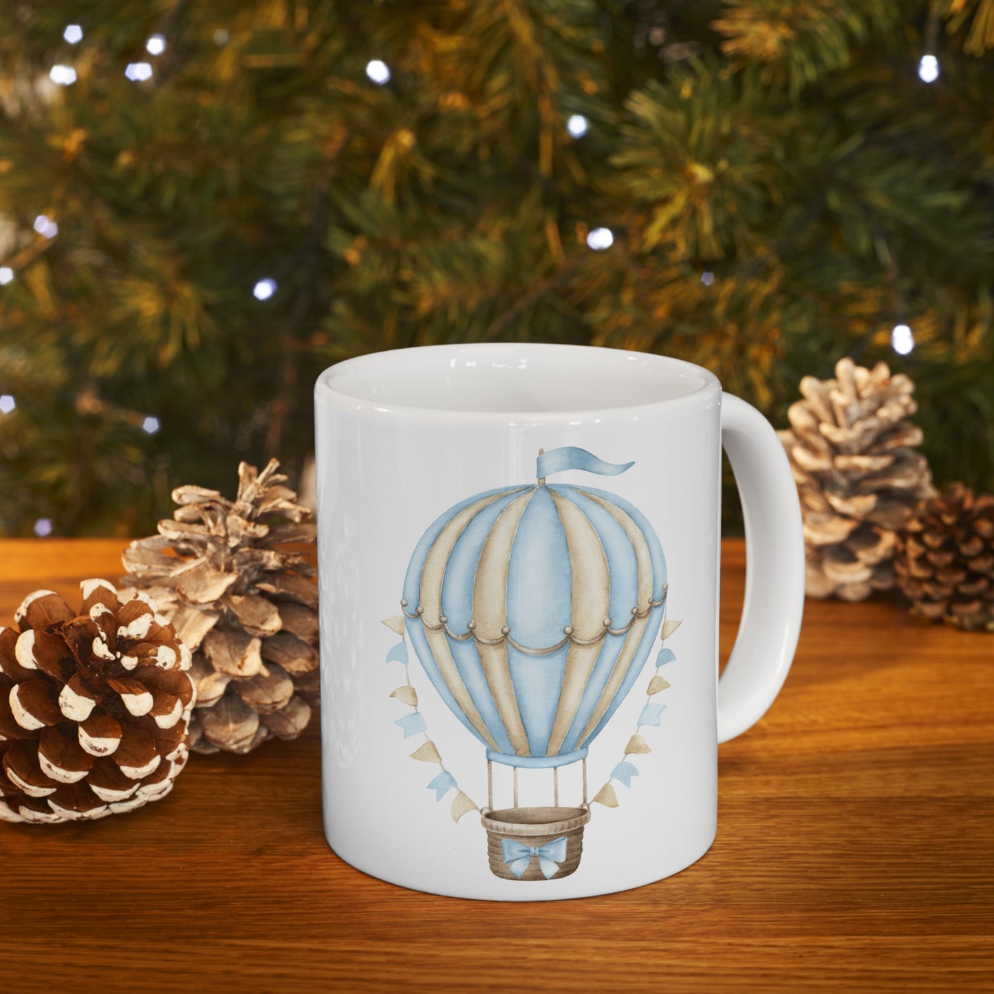 Coquette Blue and Gold Hot Air Balloon Ceramic Mug, 11oz