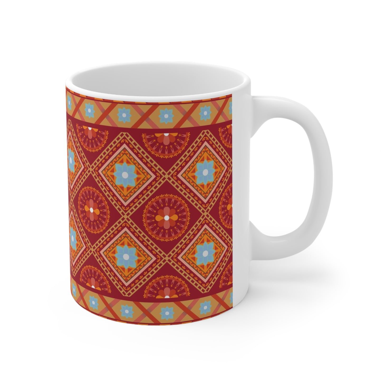 Radiant Fusion Burst: Red Ceramic Mug with Light Blue, Orange, and Red Design Pattern