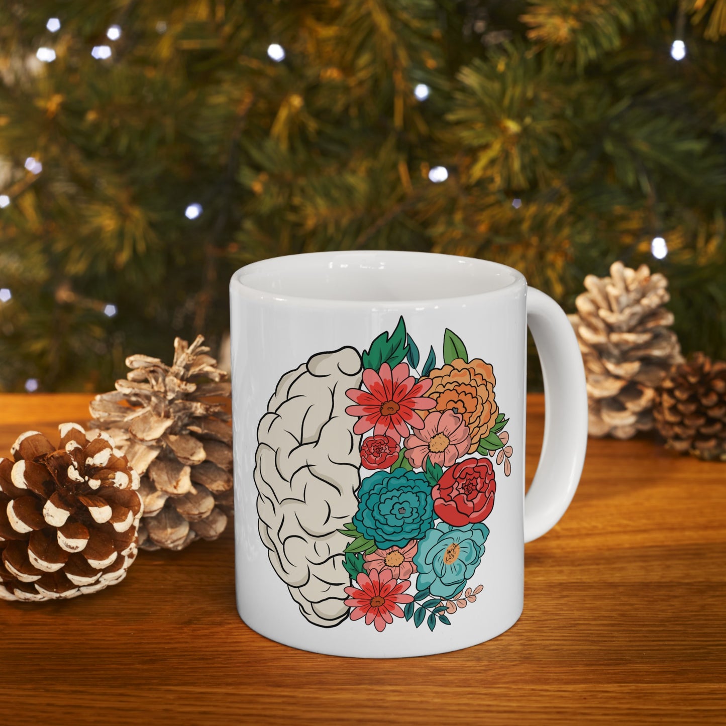 🌸 "Floral Brain" Ceramic Mug 11 oz - Colorful Flower Brain Coffee Mug Gift