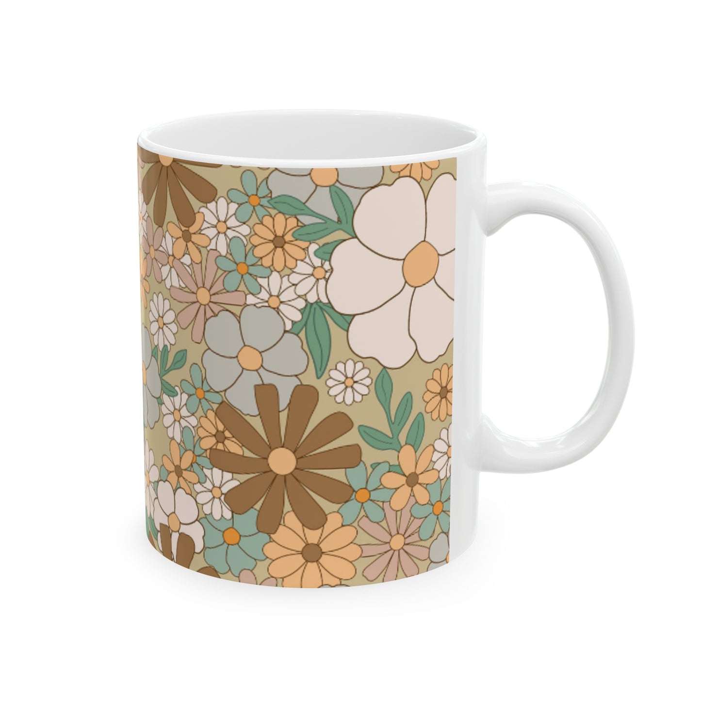 Retro Floral Ceramic Mug 11oz - Beige, Blue, Orange, White, Pink Flowers