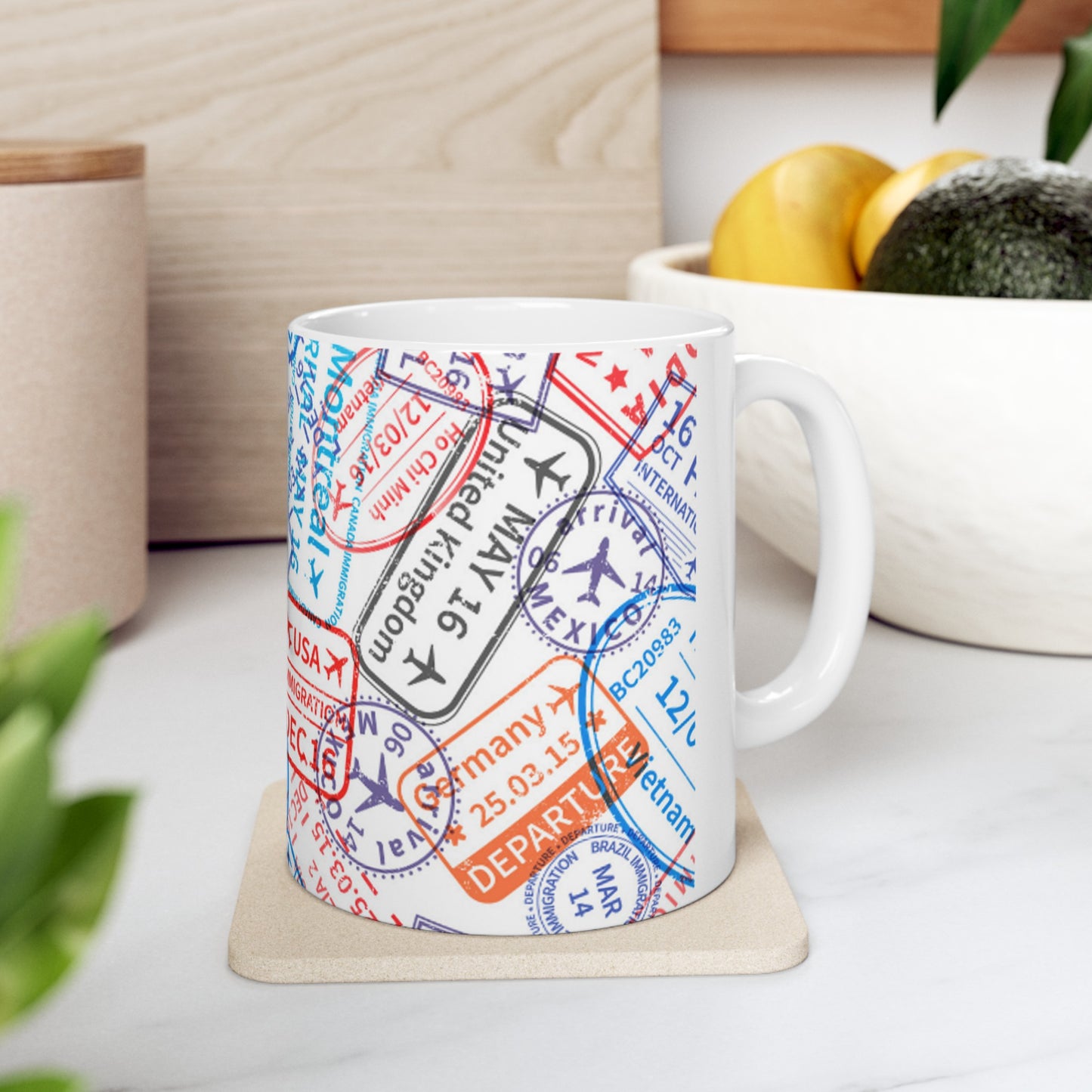 Vibrant Passport Stamp Ceramic Mug, 11oz