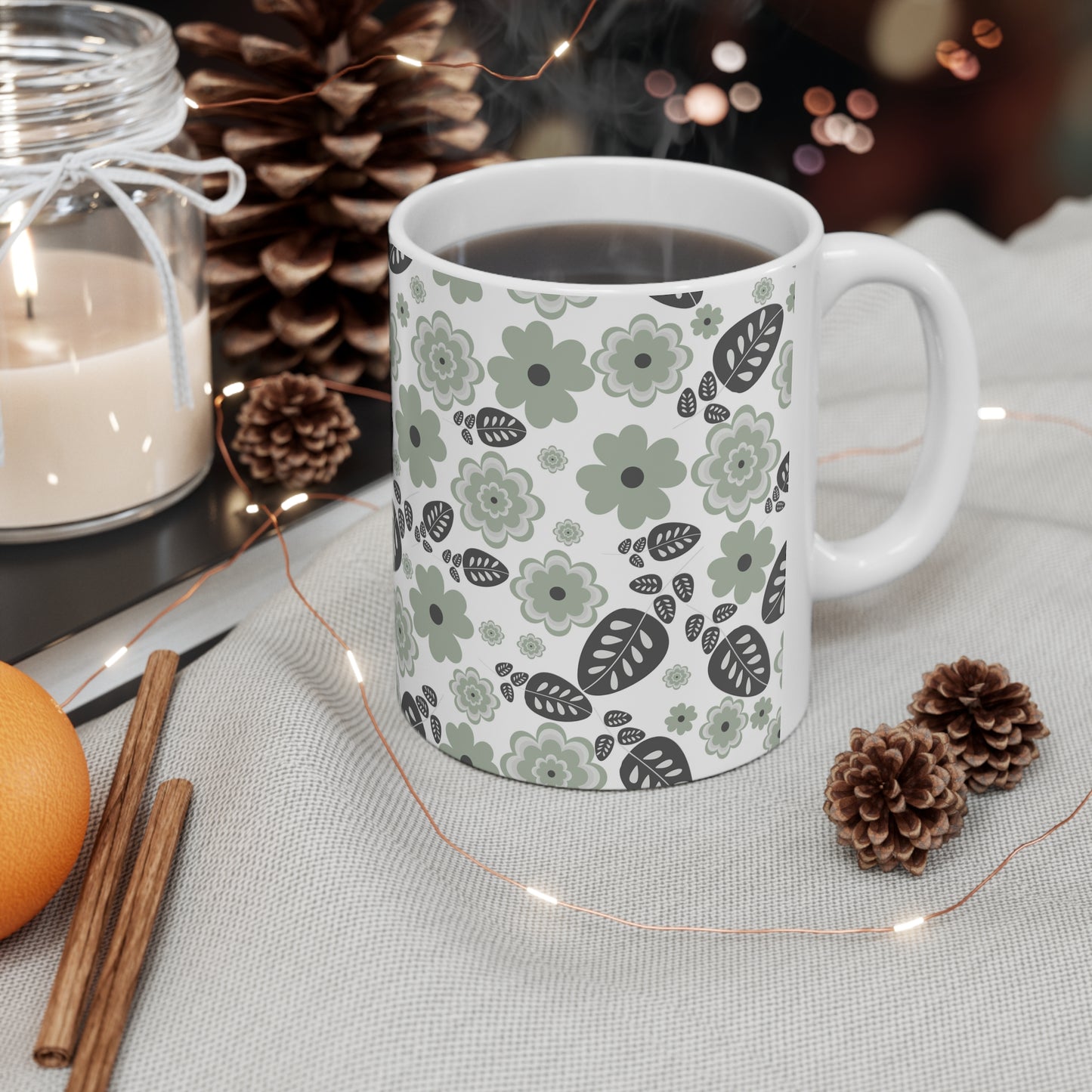 Vintage Green Blooms: White Ceramic Mug with Retro Light Green Flowers and Dark Green Leaves