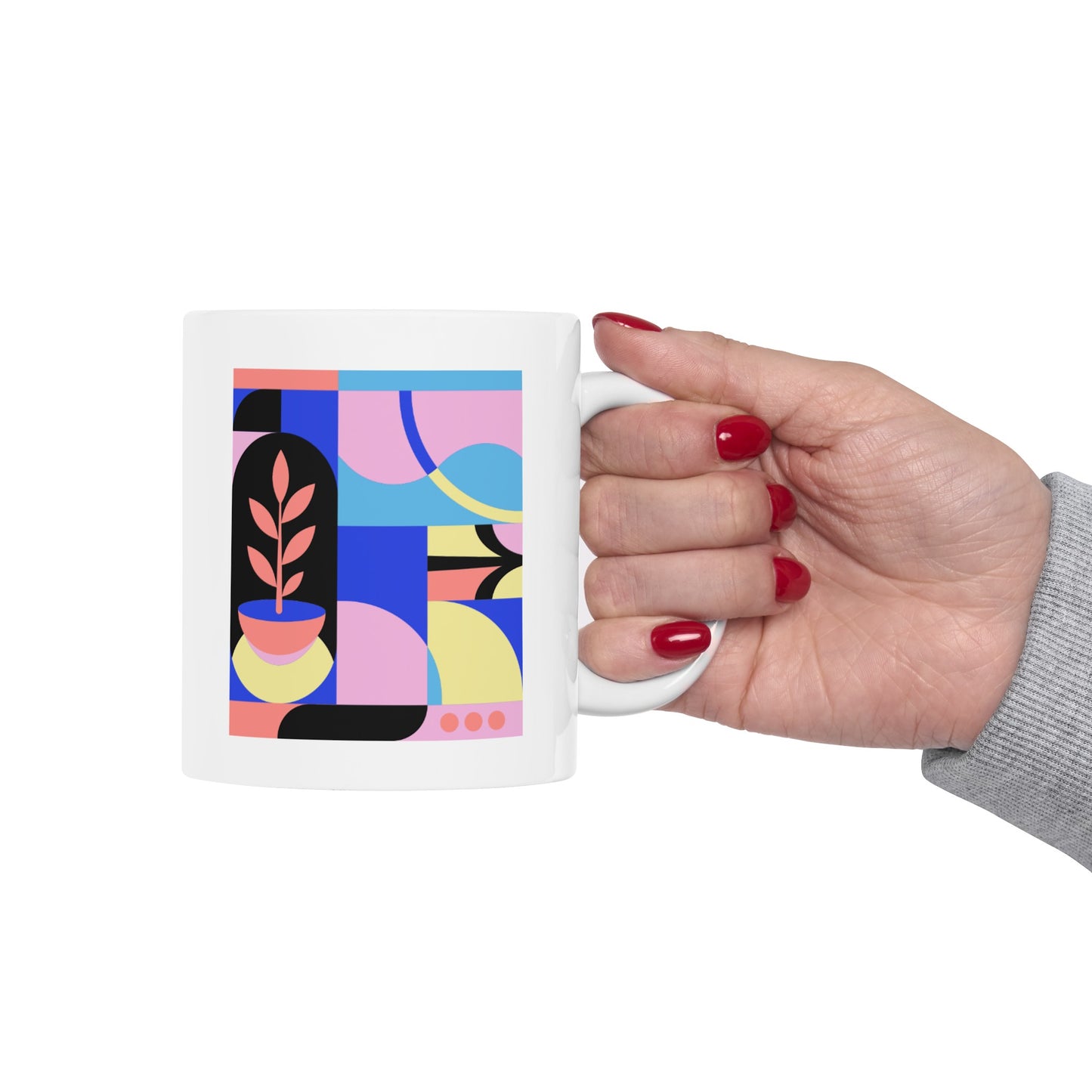 Colorful Abstract Art Ceramic Mug 11oz - Pink, Blue & Yellow