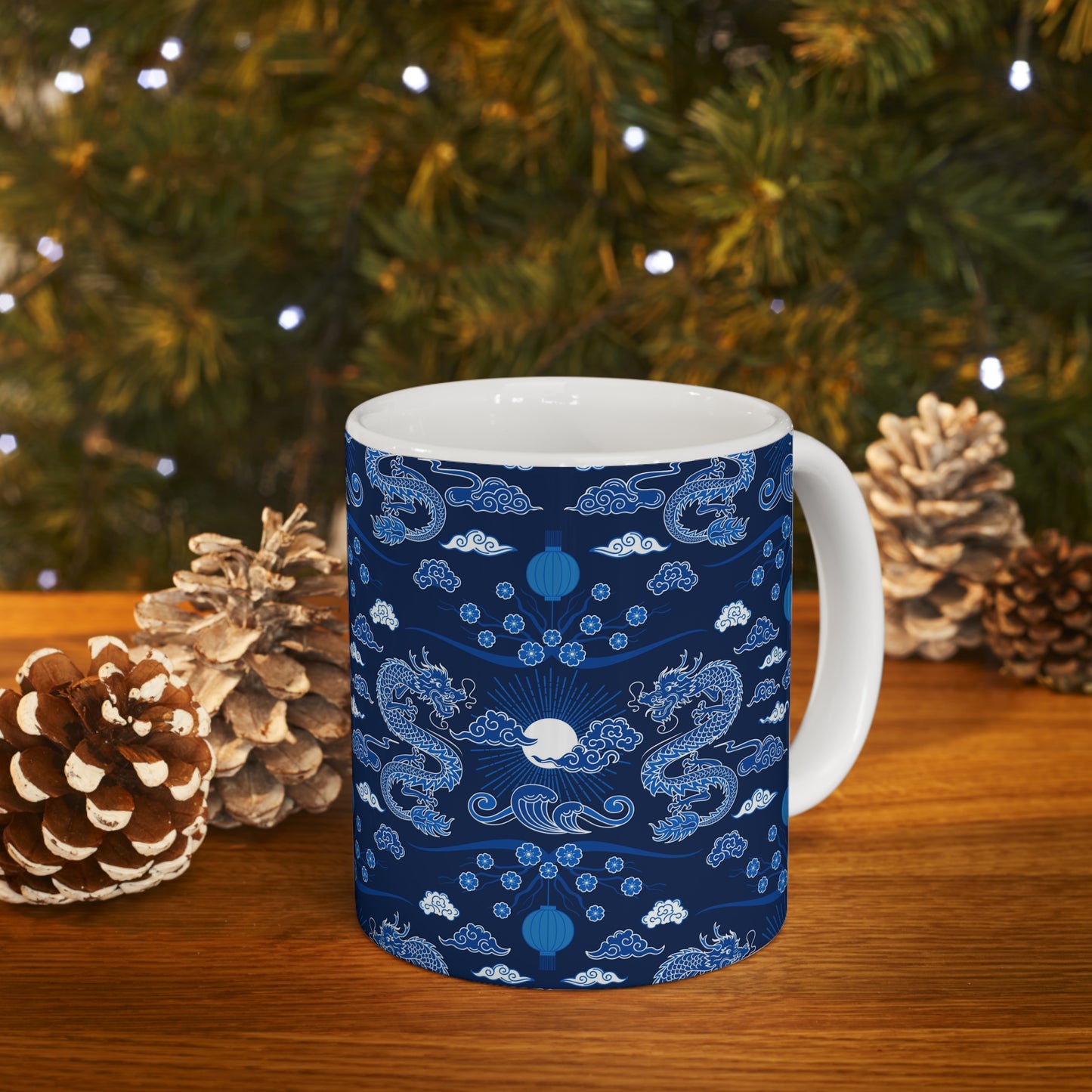 Dragon Dreamscape: Blue Ceramic Mug with Dragons and Lanterns