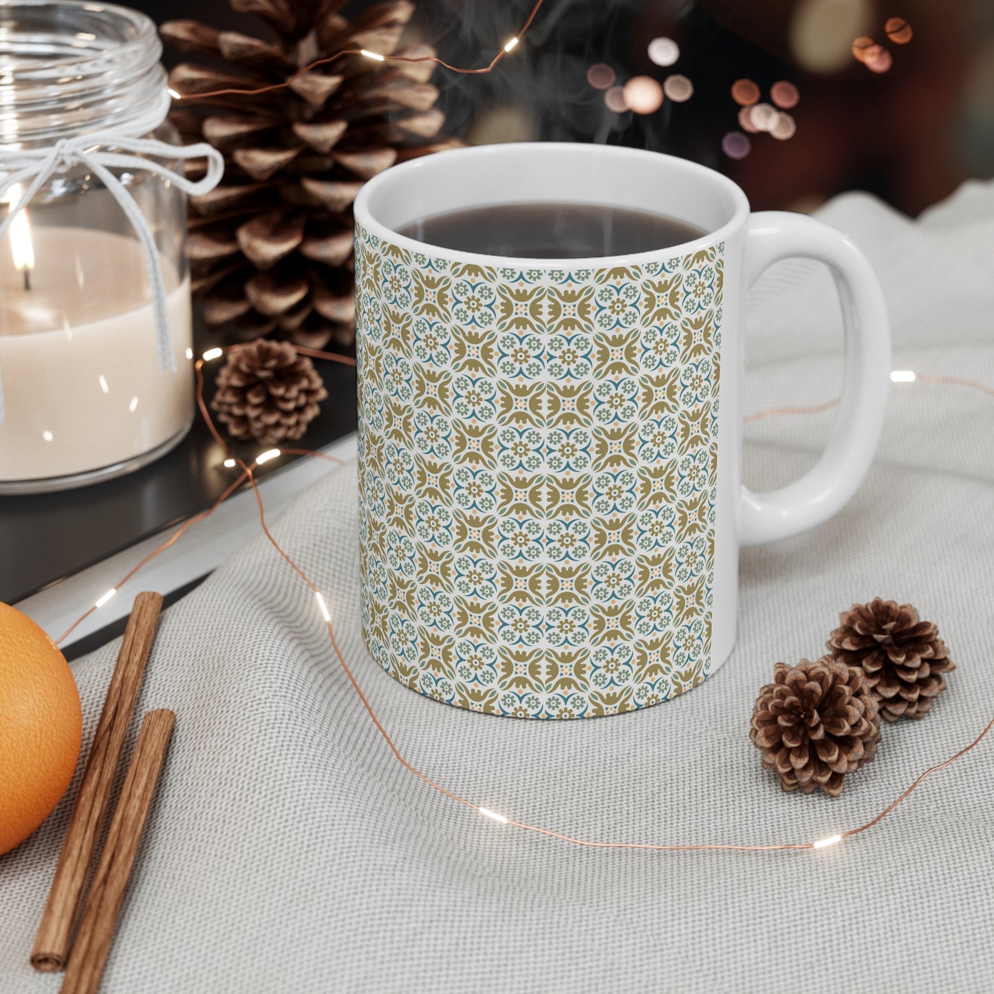 Tile Harmony Delight: White Ceramic Mug with Blue, Green, and Orange Pattern