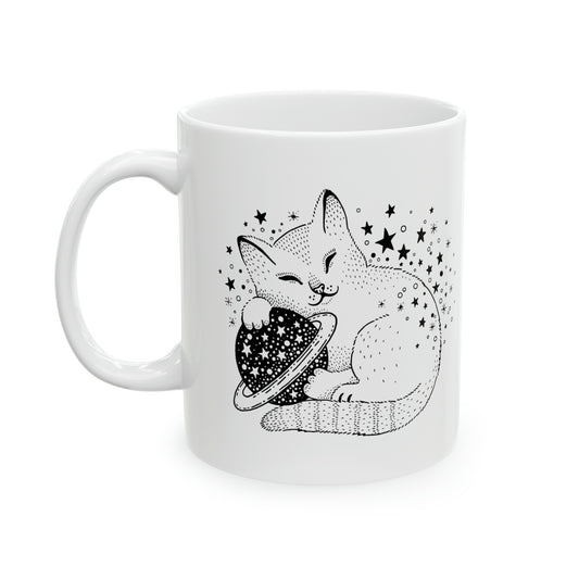 Cat Loves Planet Ceramic Mug, 11oz - Minimalist Design