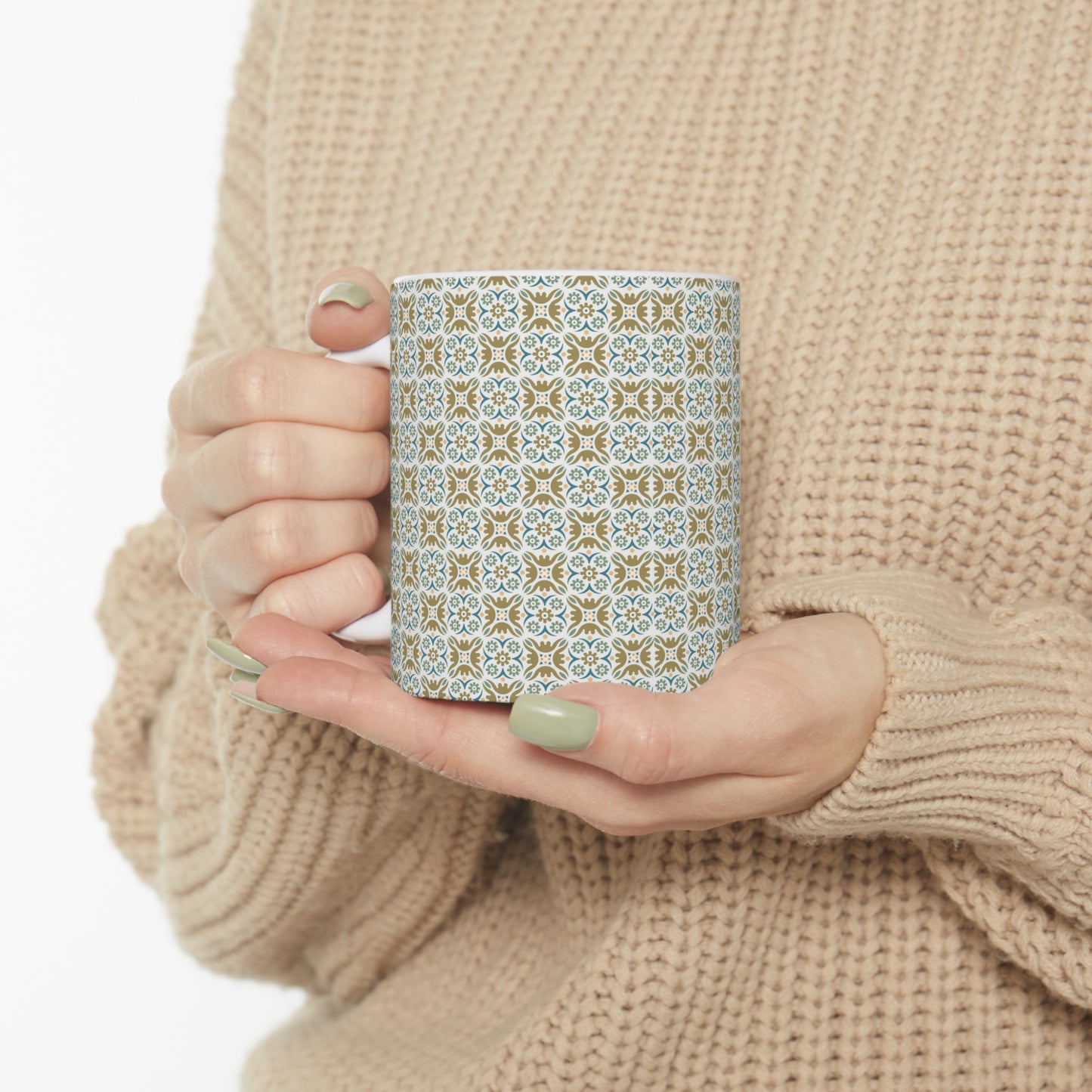 Tile Harmony Delight: White Ceramic Mug with Blue, Green, and Orange Pattern