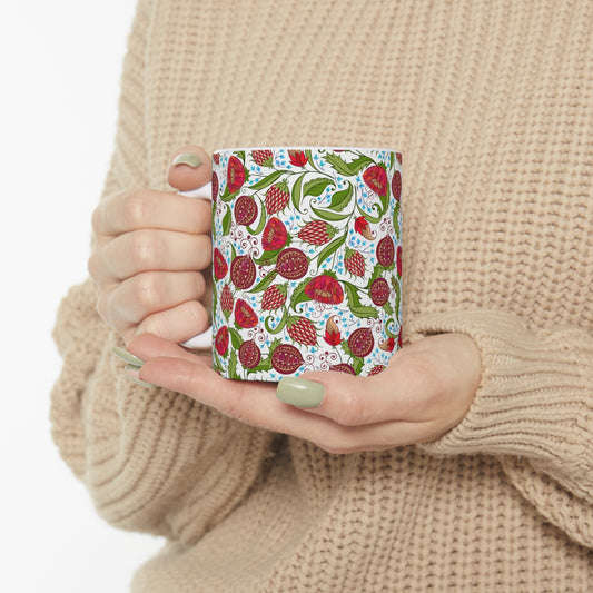 Floral Harvest Elegance: White Ceramic Mug with Red Flowers and Fruit