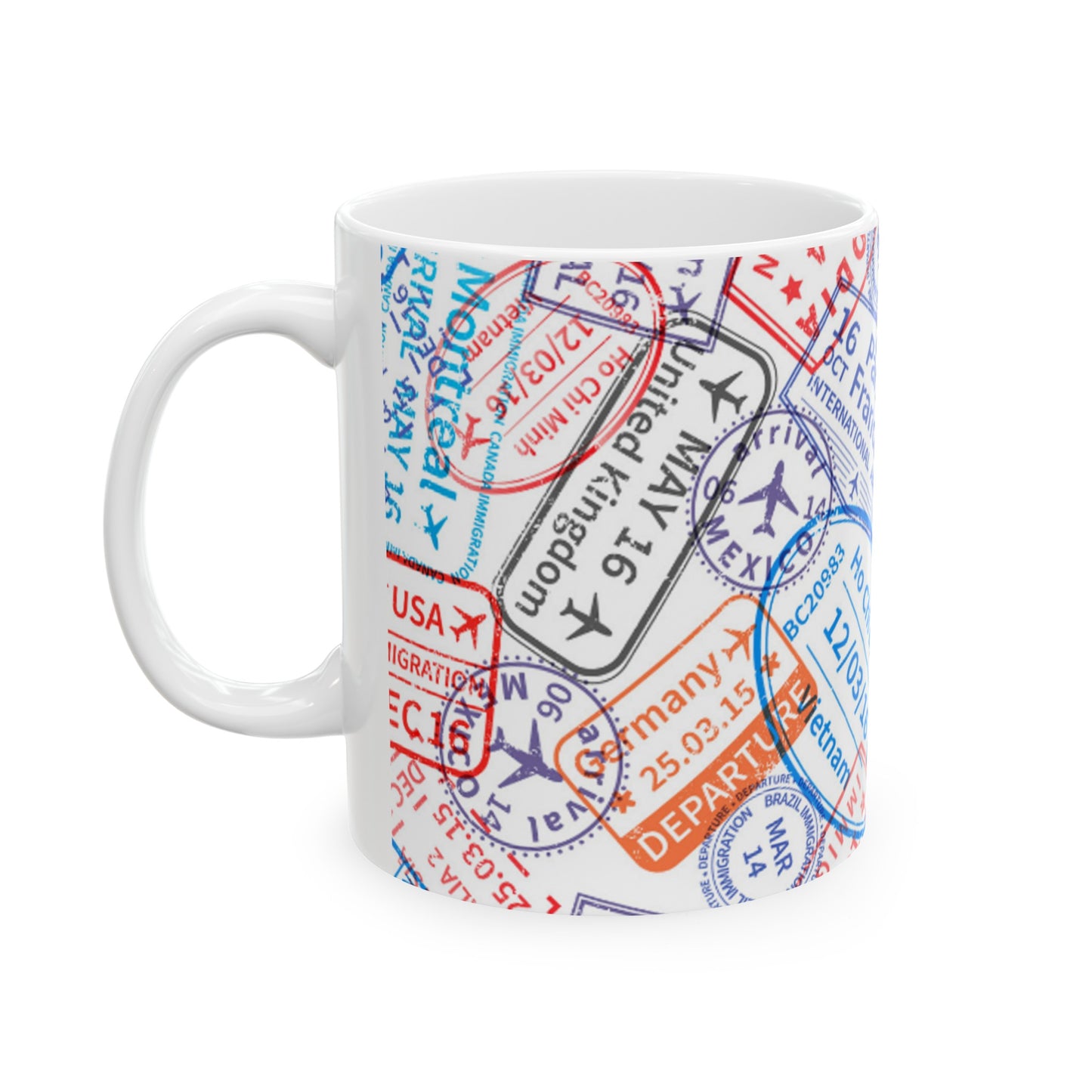 Vibrant Passport Stamp Ceramic Mug, 11oz