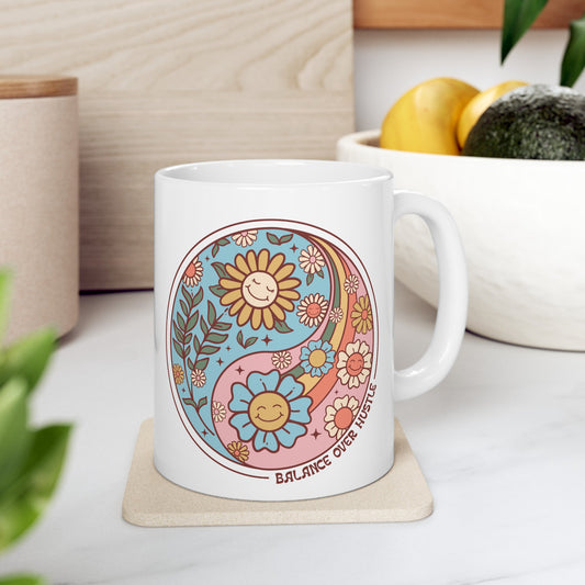 Retro Ying Yang "BALANCE OVER HUSTLE" Ceramic Mug 11 oz