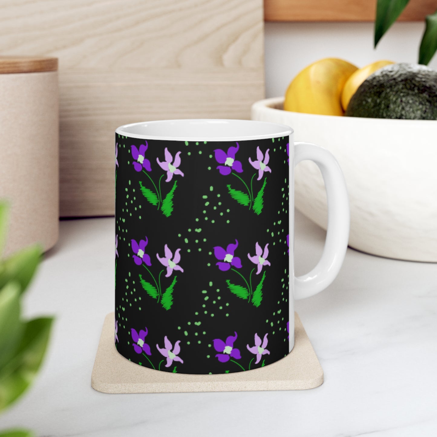 Electric Floral Black Ceramic Mug 11oz - BPA-Free, Microwave & Dishwasher-Safe