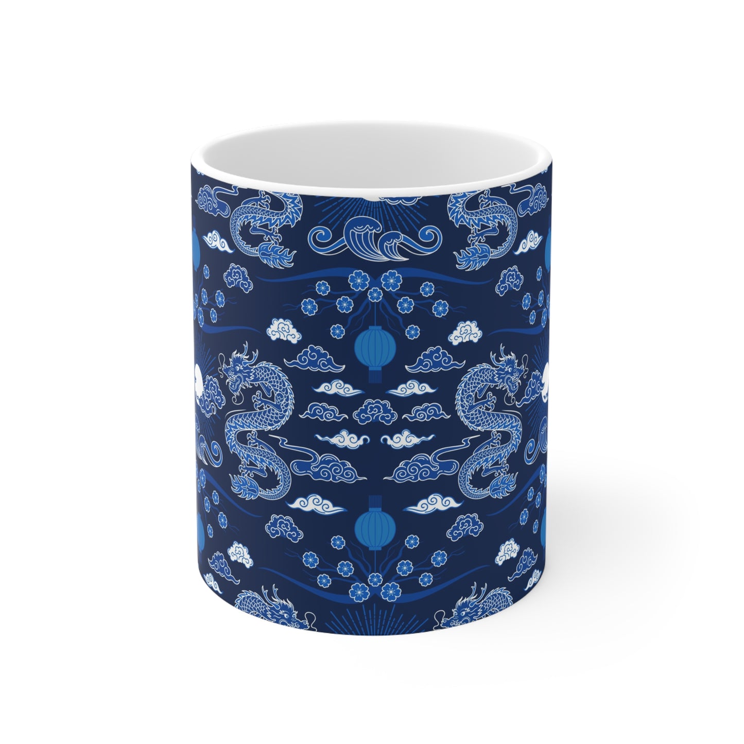 Dragon Dreamscape: Blue Ceramic Mug with Dragons and Lanterns