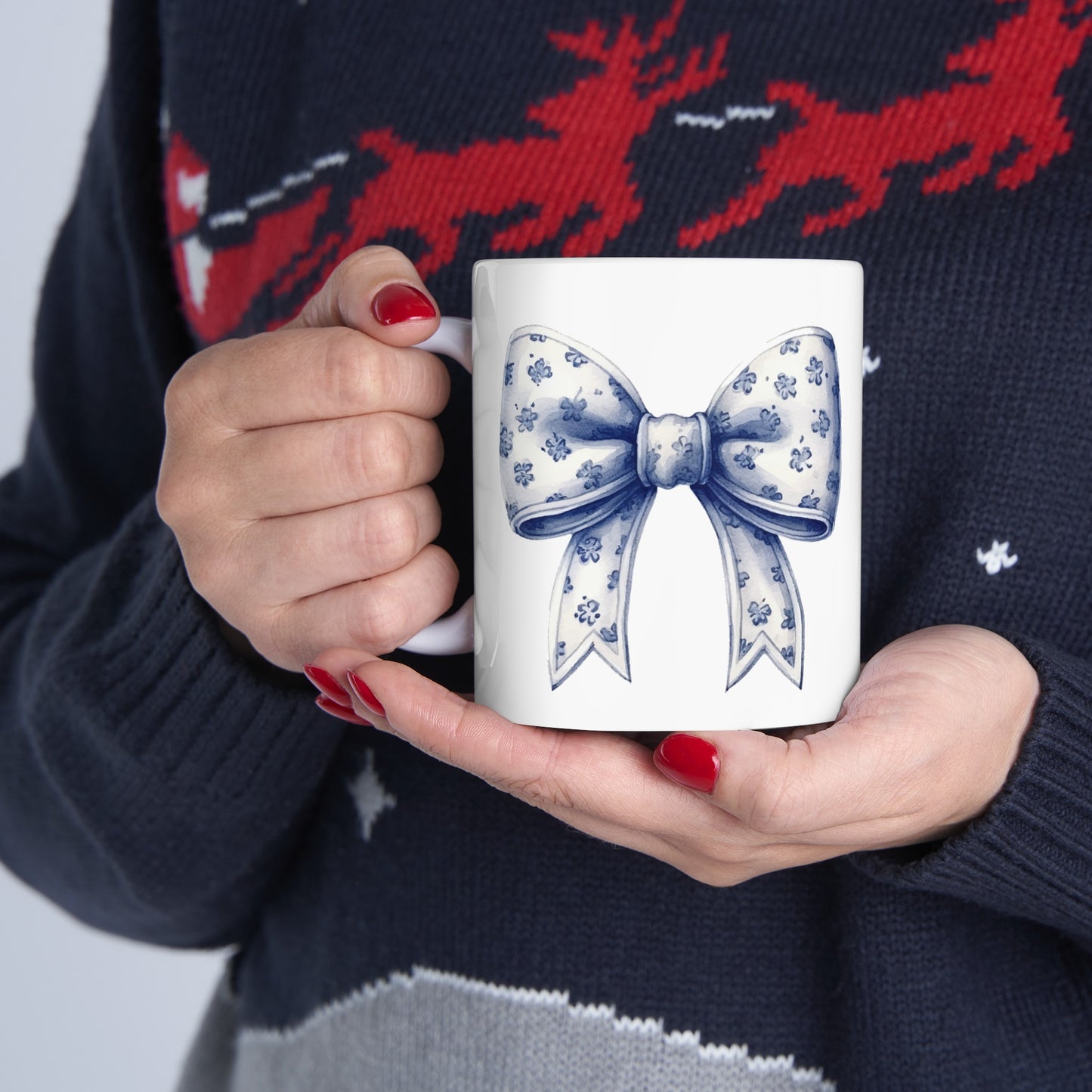 💙 Coquette White and Blue Floral Bow Ceramic Mug, 11oz