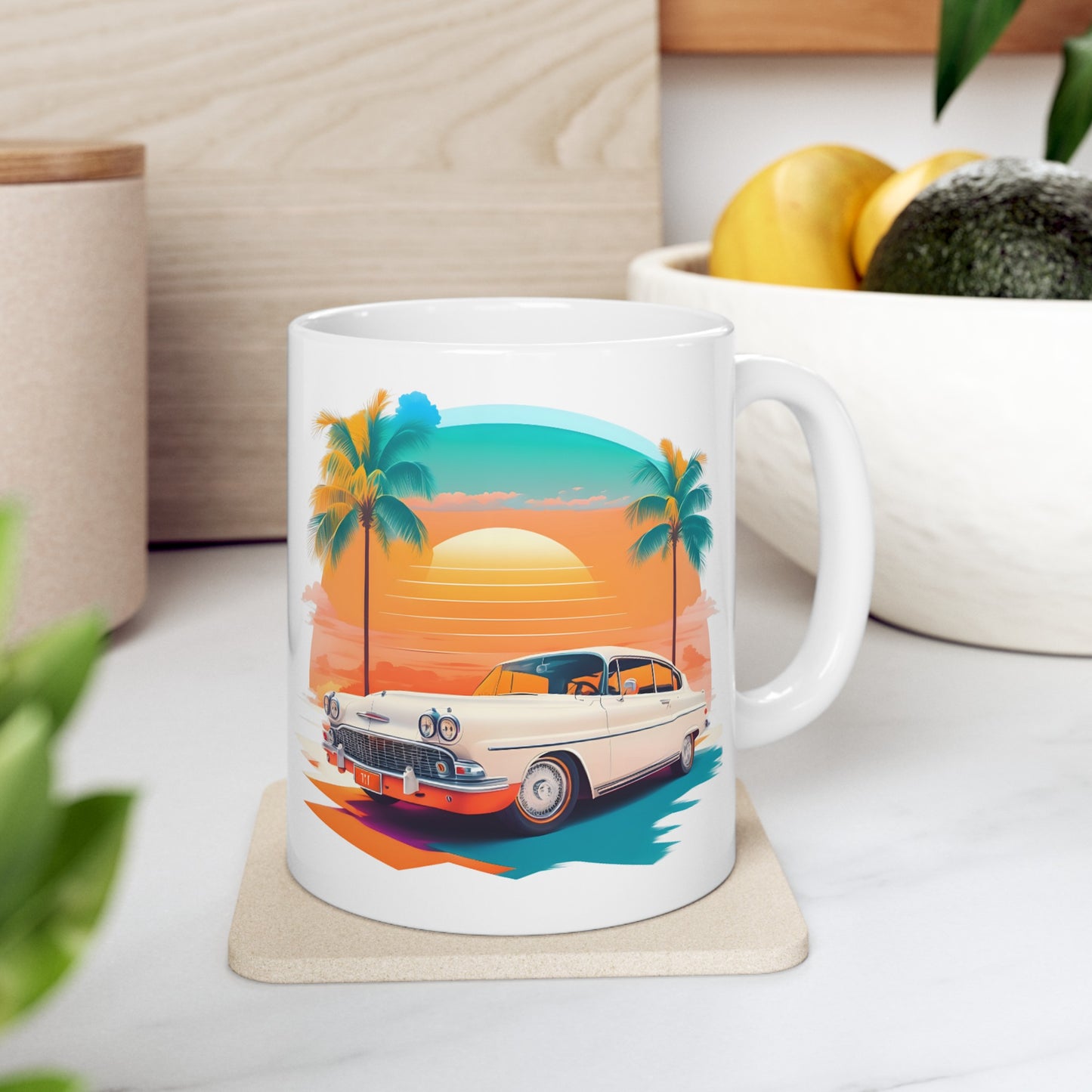 Vintage Classic Car and Sunset Ceramic Mug 11oz