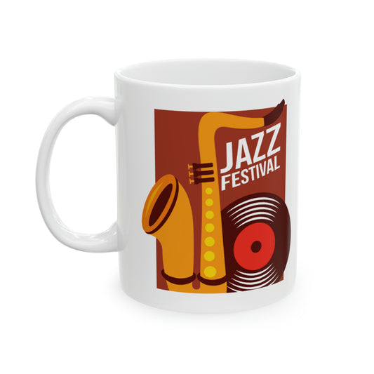 "Jazz Festival" Ceramic Mug 11 oz - Saxophone and Vinyl Record Design