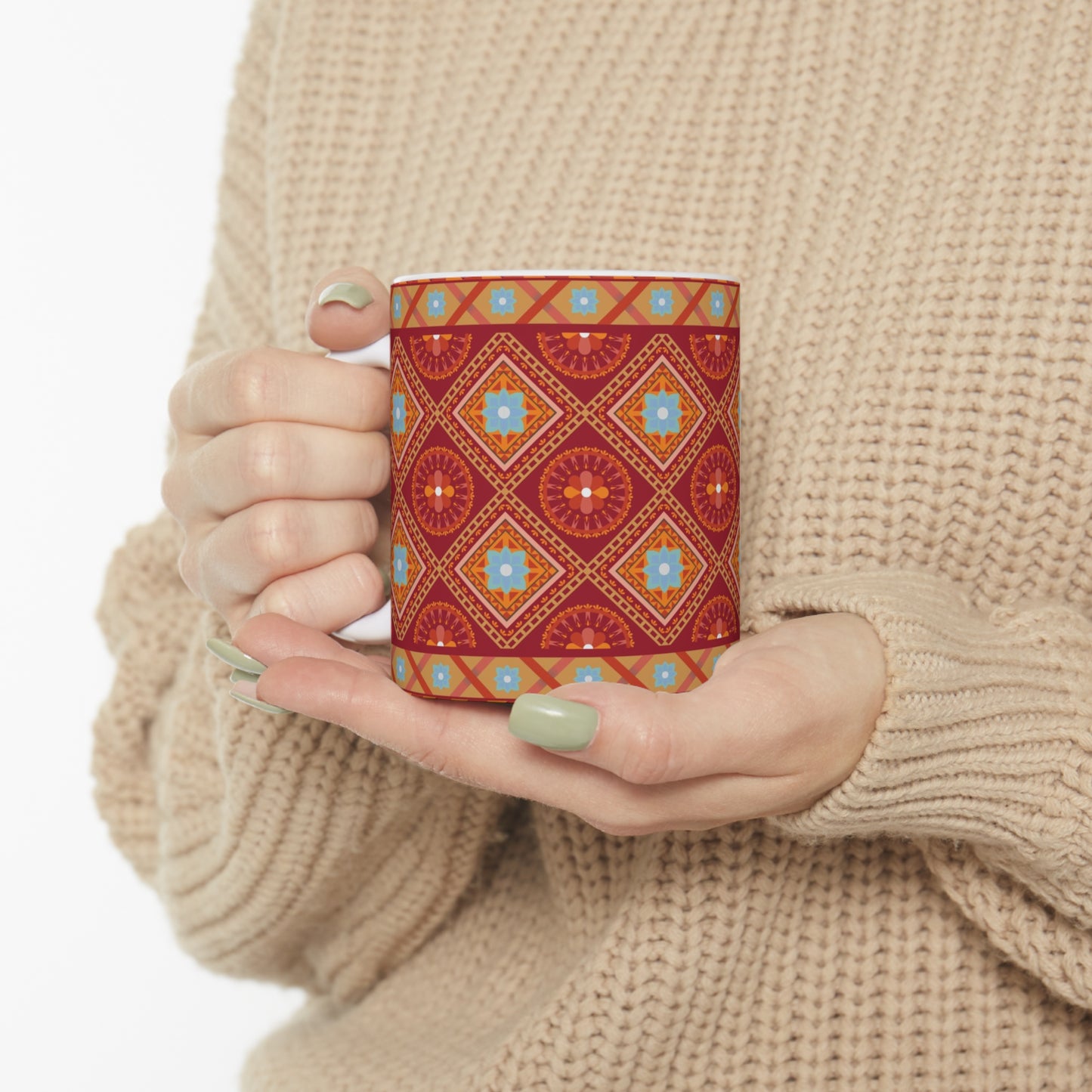 Radiant Fusion Burst: Red Ceramic Mug with Light Blue, Orange, and Red Design Pattern