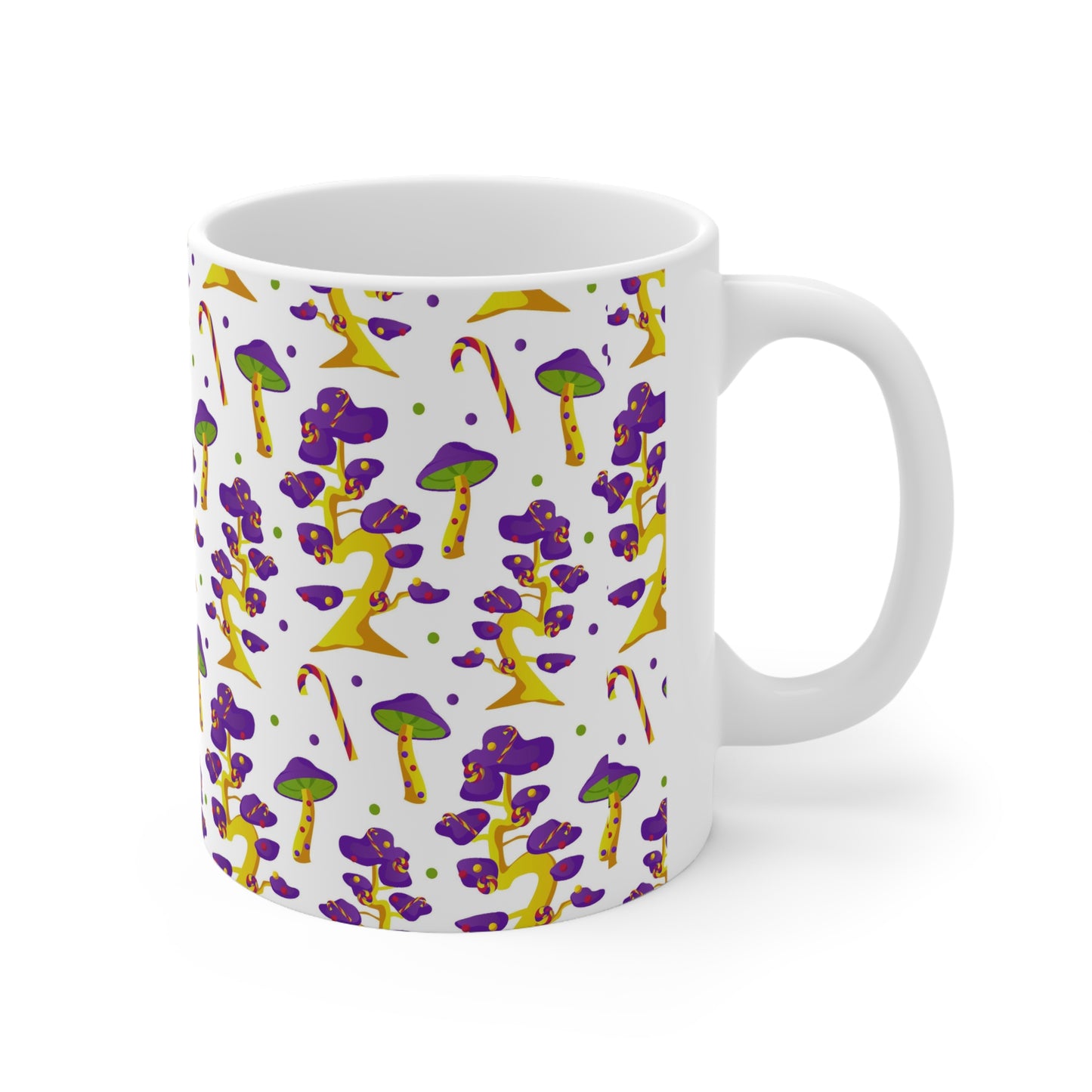 Enchanting Magic Mushrooms: White Ceramic Mug with Purple and Green Mushrooms"