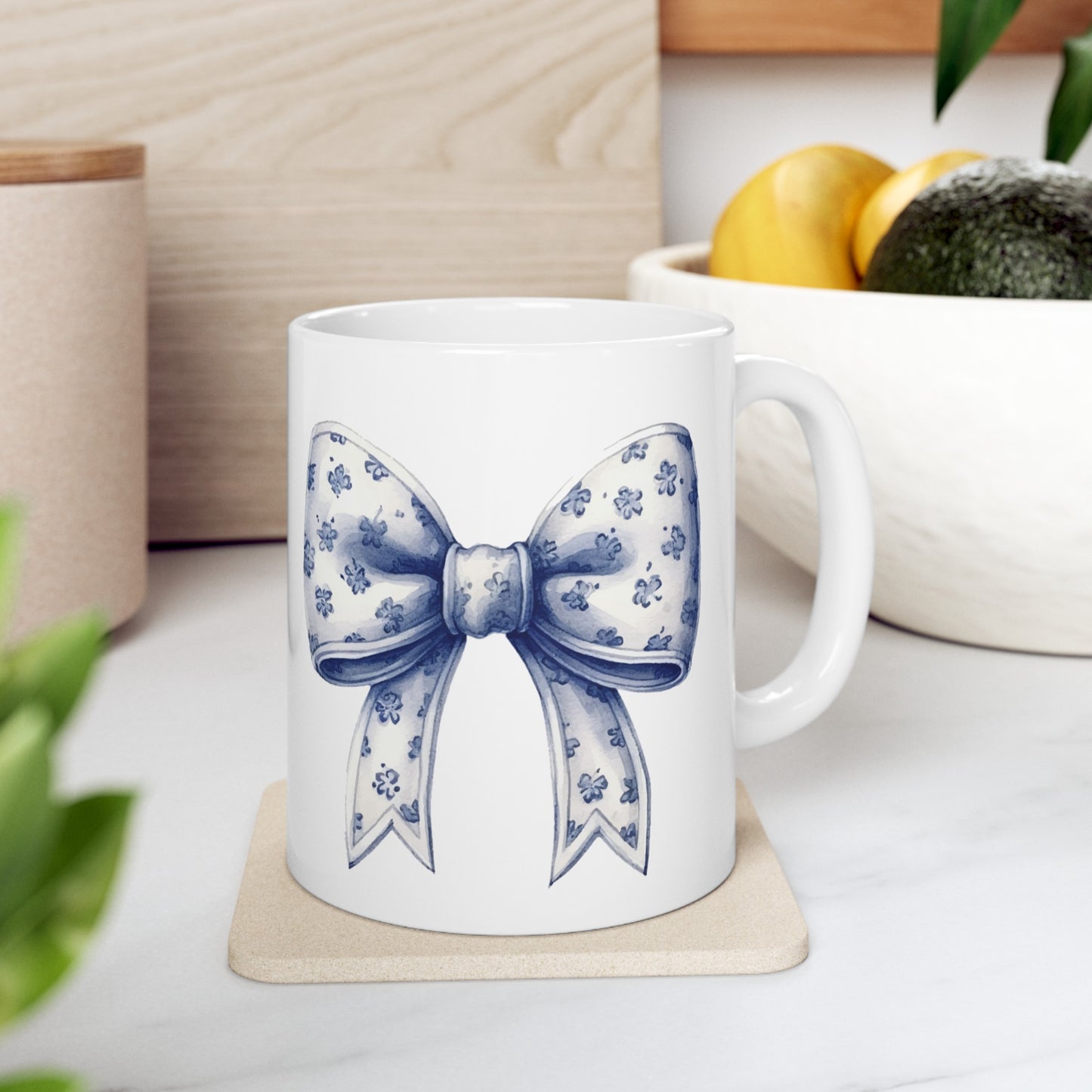 💙 Coquette White and Blue Floral Bow Ceramic Mug, 11oz