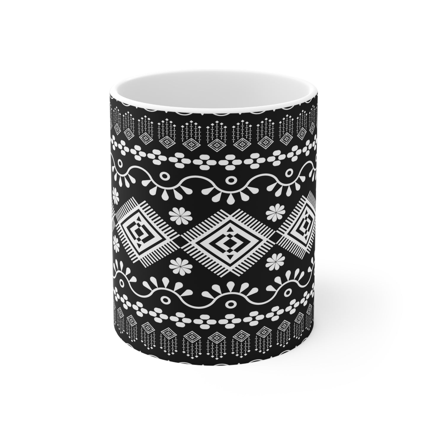 Elegance in Monochrome: Black Ceramic Mug with White Repeating Patterns