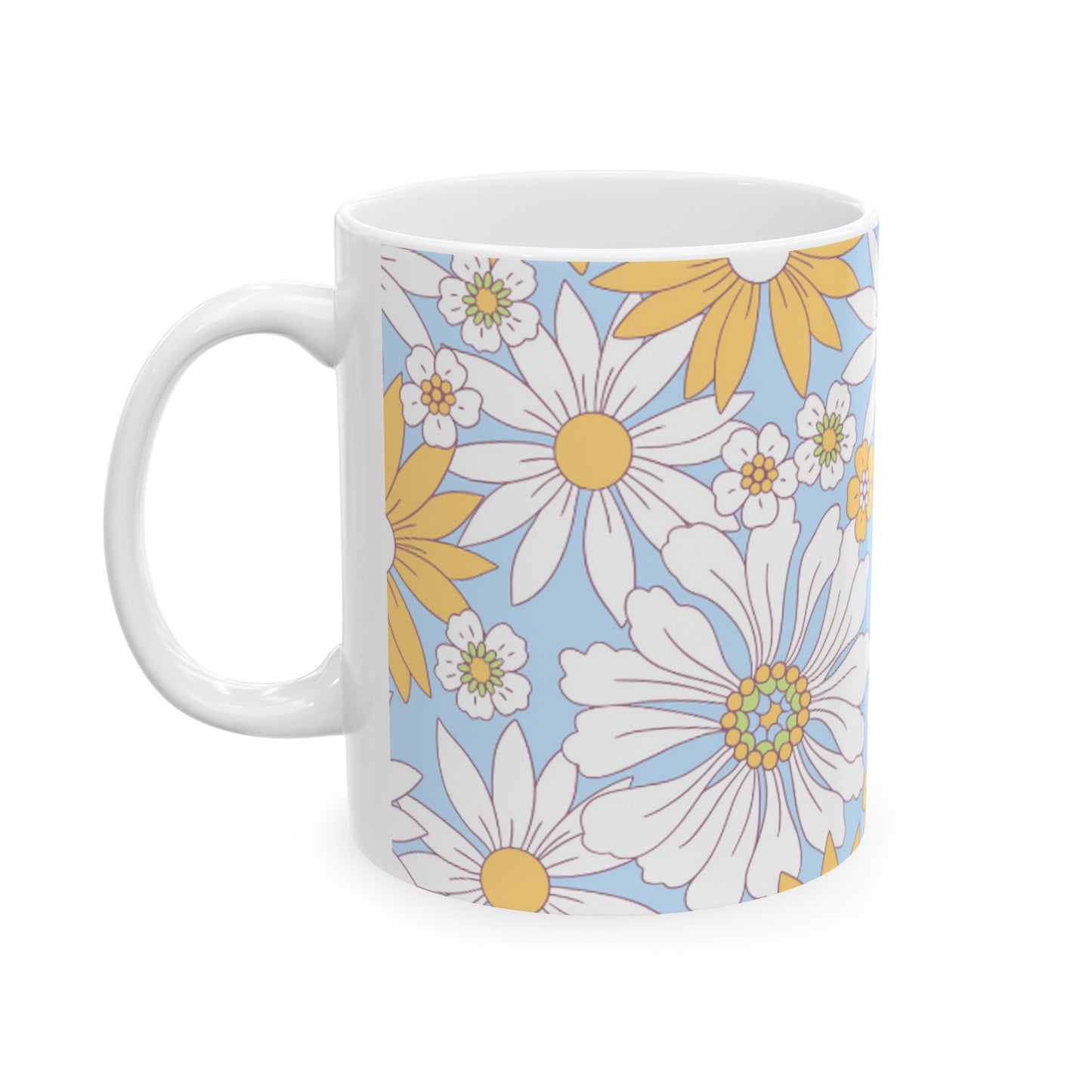 🌼 Vintage Daisy Delight Ceramic Mug 11oz - Light Blue Background