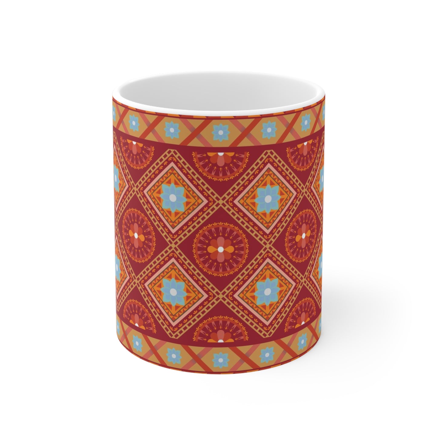 Radiant Fusion Burst: Red Ceramic Mug with Light Blue, Orange, and Red Design Pattern