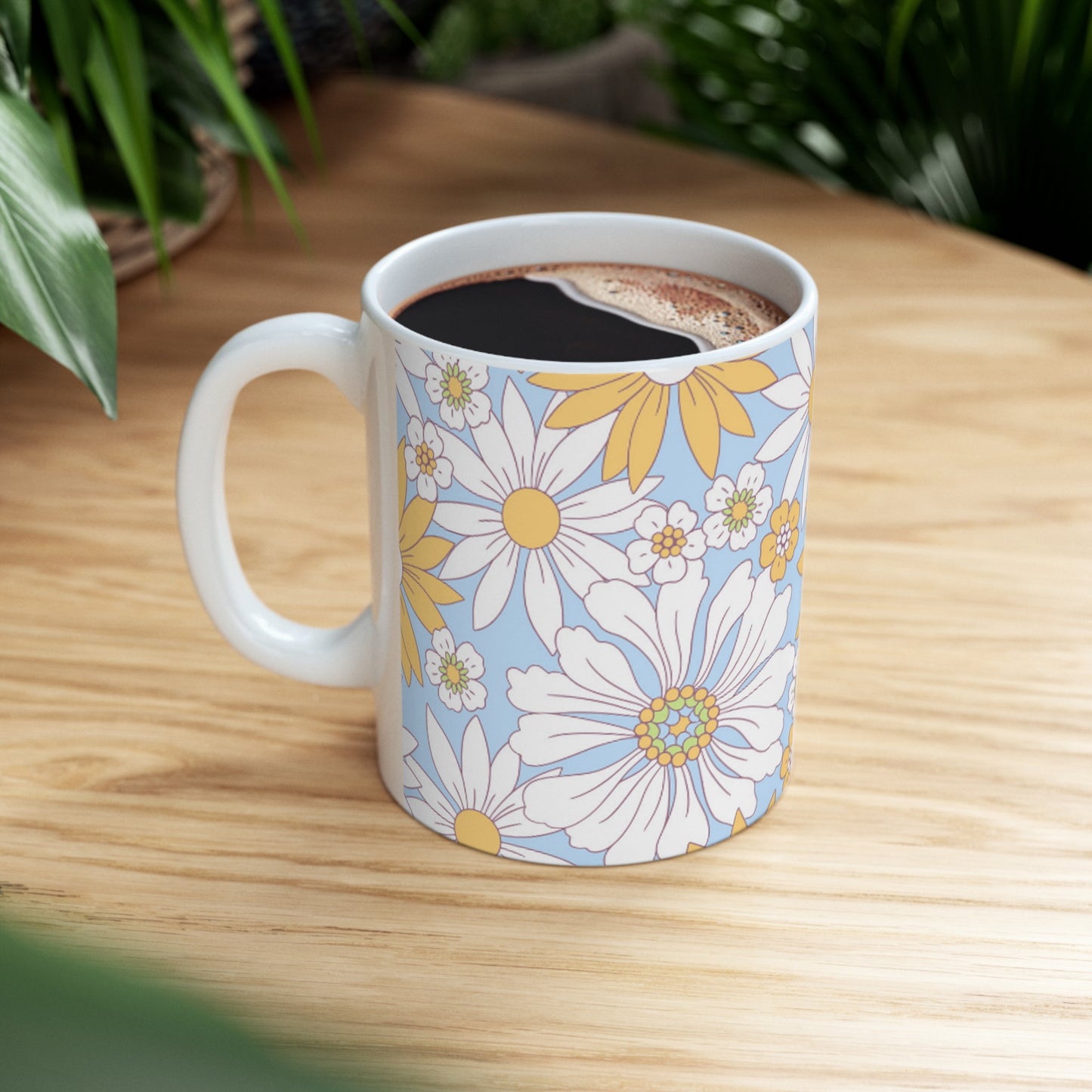 🌼 Vintage Daisy Delight Ceramic Mug 11oz - Light Blue Background