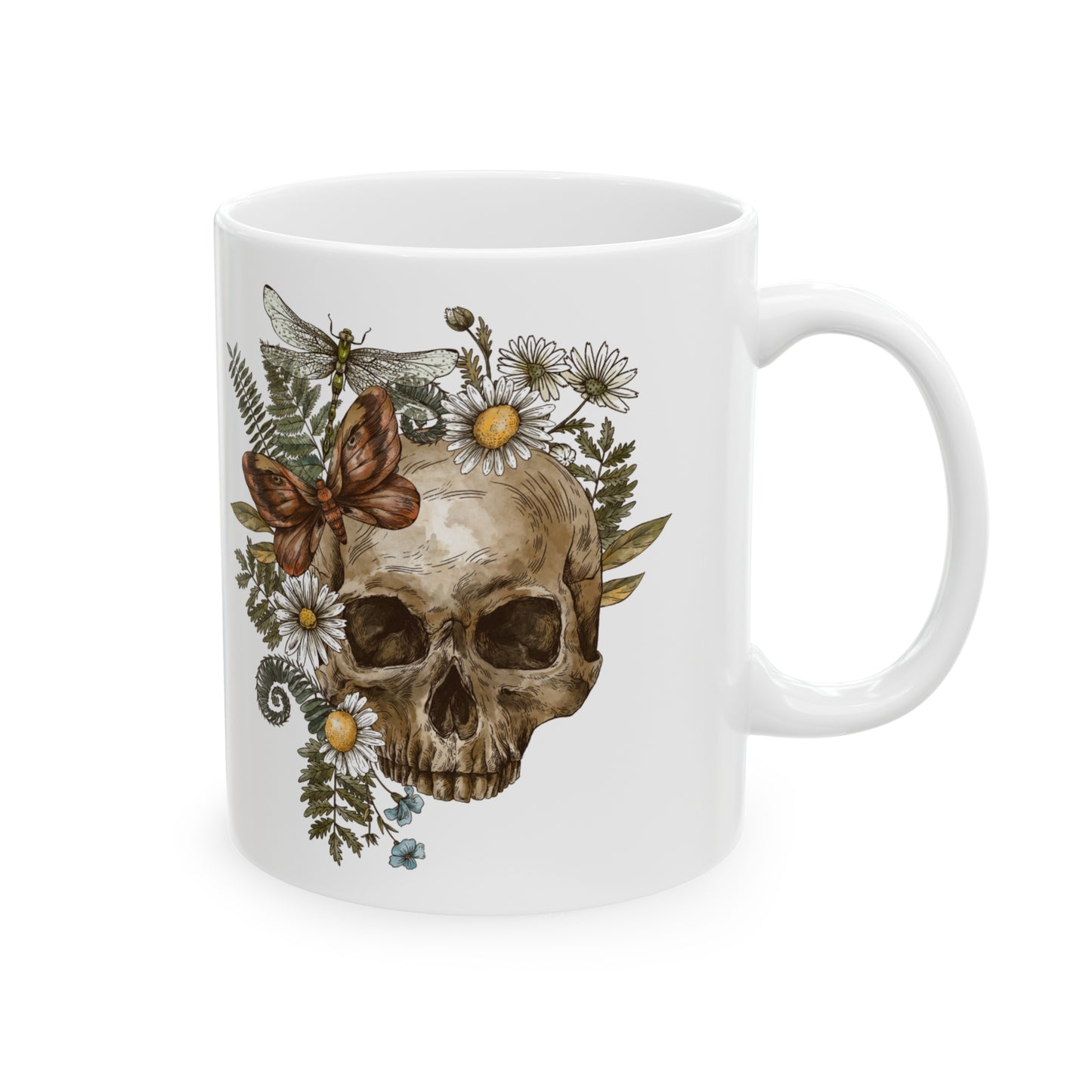 Enchanting Ceramic Mug 11oz with Butterfly, Dragonfly, and Floral Skull Design