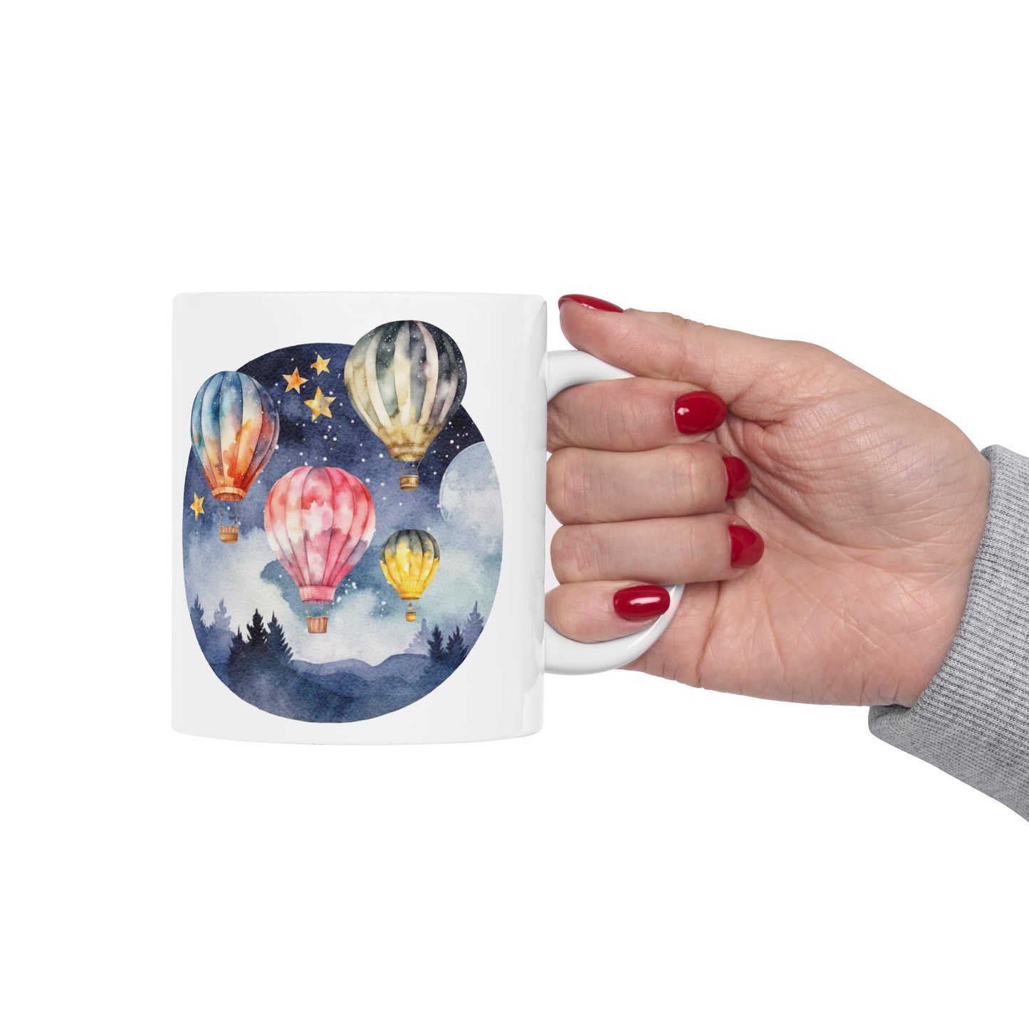 Dreamy Night Scene Ceramic Mug 11oz - Multi-Colored Hot Air Balloons