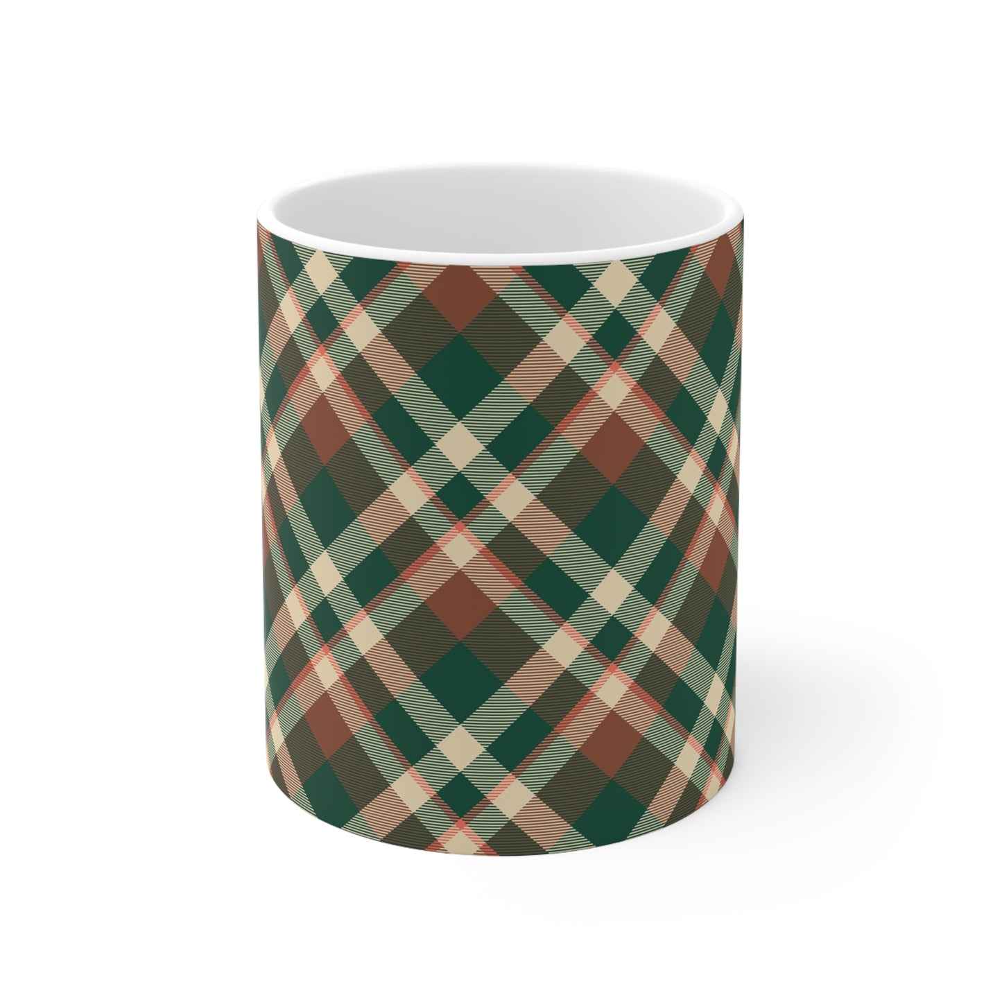 Plaid Elegance: Dark Green Mug with Cream and Reddish Brown Pattern