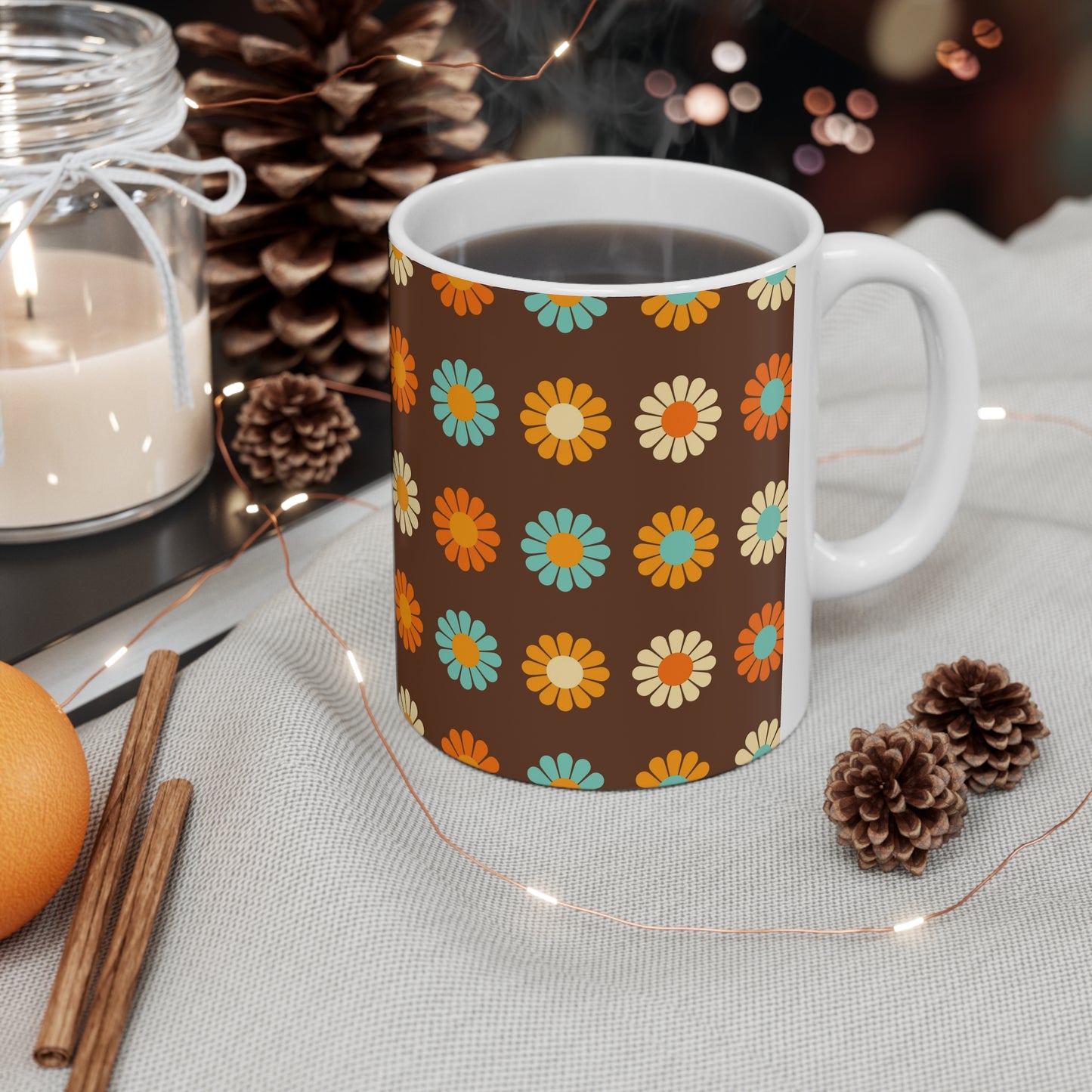 Vintage Earth Tones: Brown Ceramic Mug with Orange, Yellow, and Teal Pattern