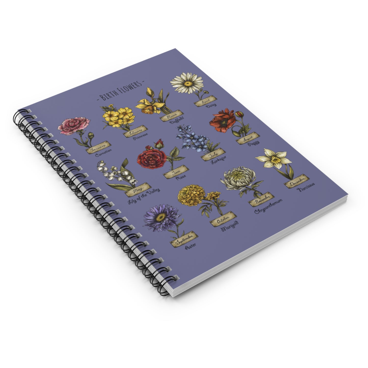 Blue Purple Birth Flower Spiral Notebook - Ruled Line, 118 Pages, 6" x 8"