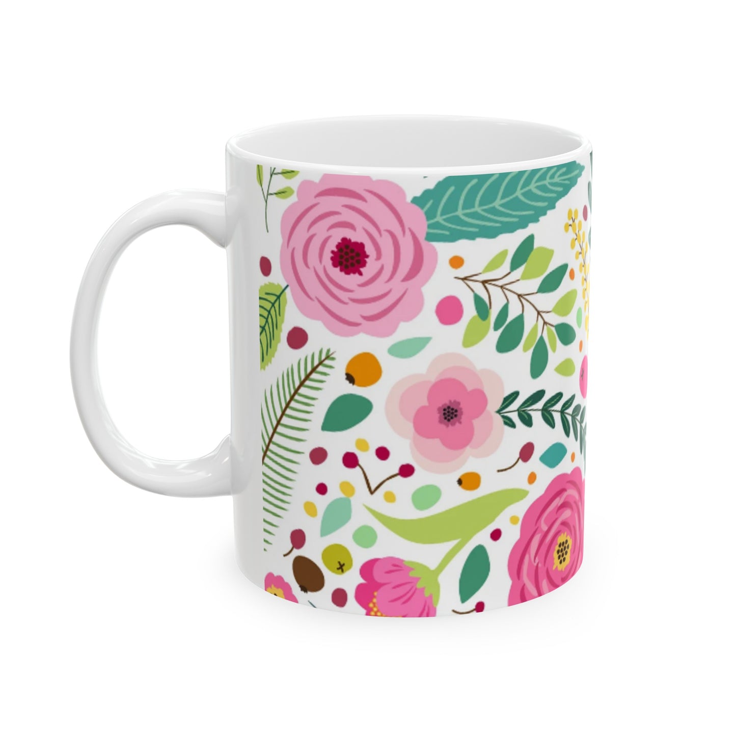 Bright Pink and Yellow Floral Ceramic Mug 11oz - Spring Design | BPA-Free