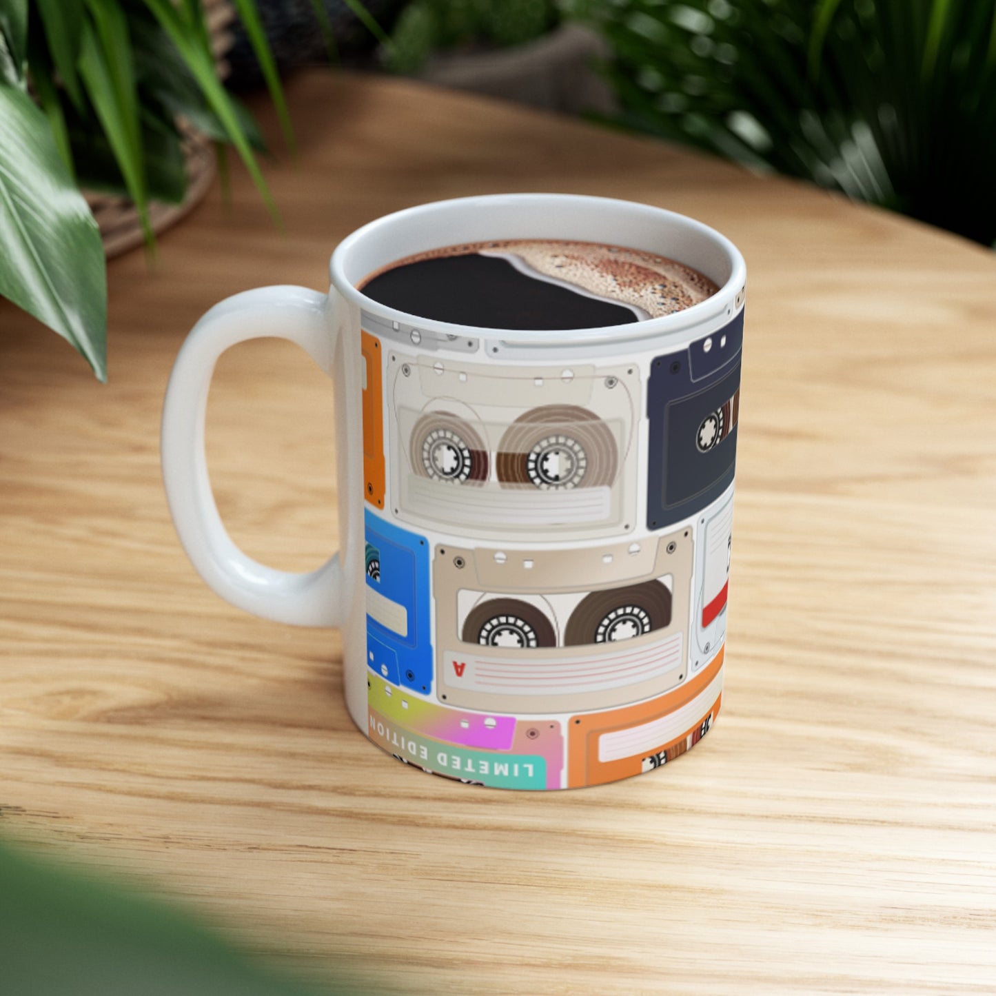 Retro Vibes Ceramic Mug 11oz - Multicolored Cassette Tapes Design