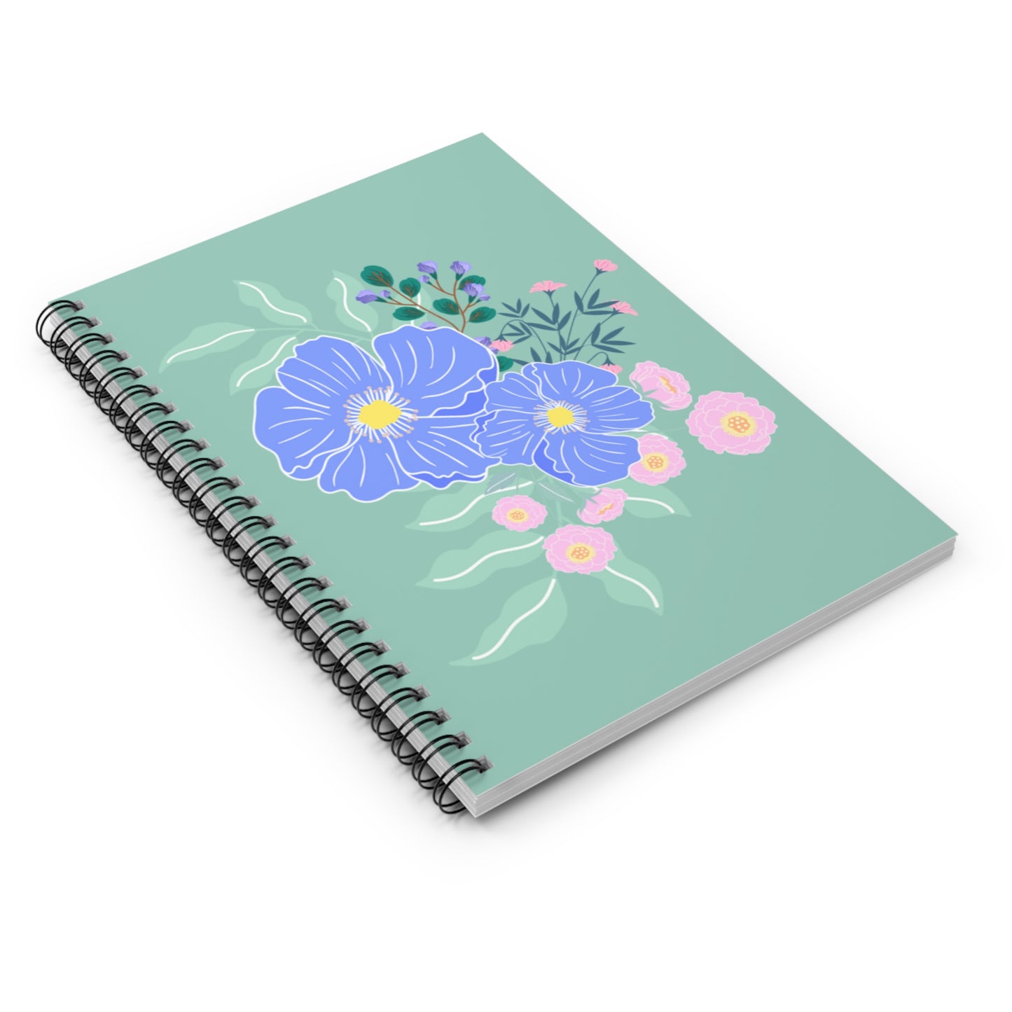 Pastel Spring Flowers Spiral Notebook - Ruled Line | Green Cover Design