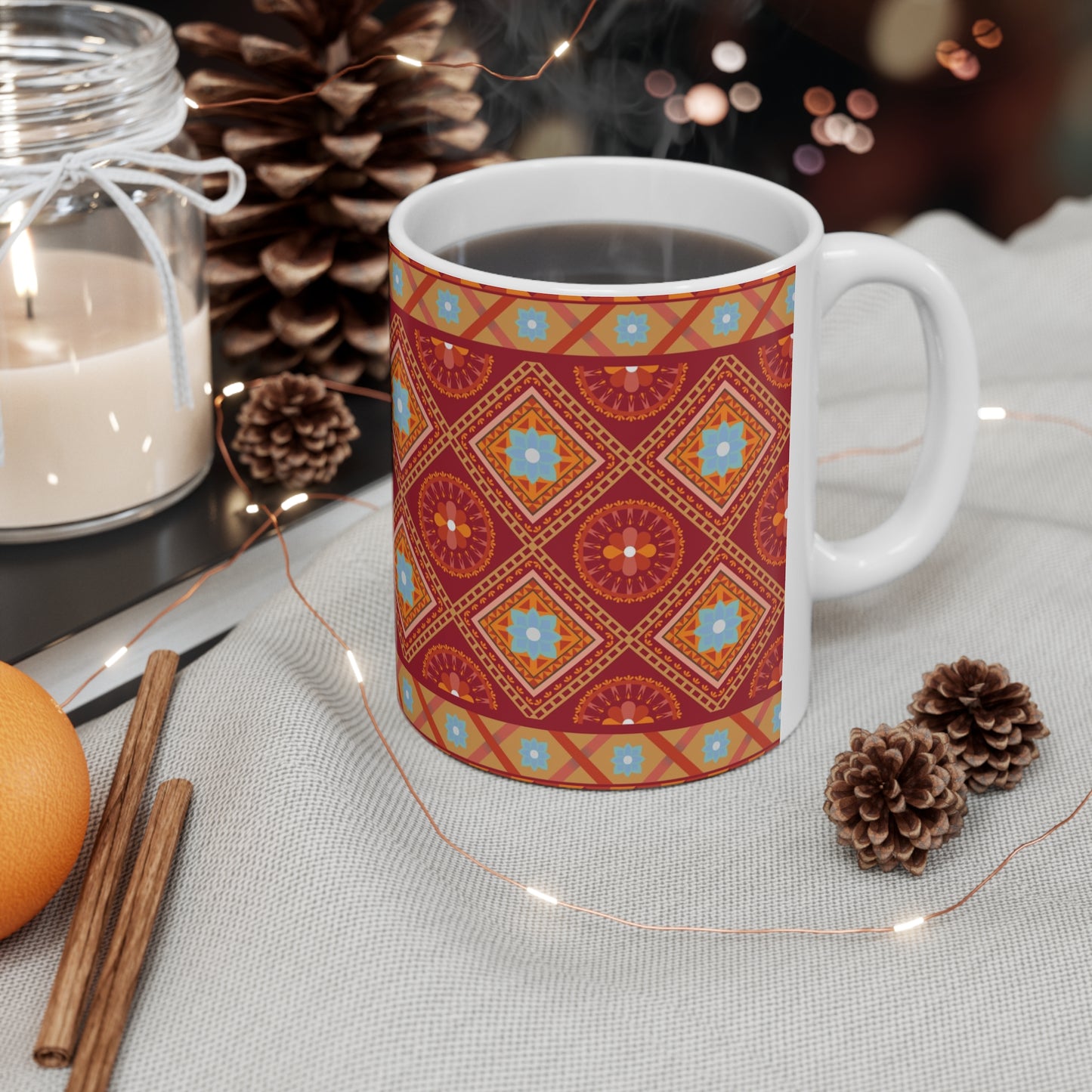 Radiant Fusion Burst: Red Ceramic Mug with Light Blue, Orange, and Red Design Pattern