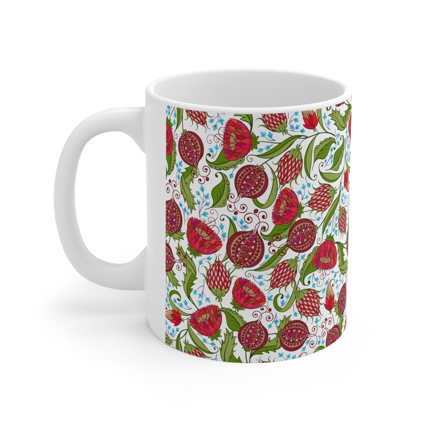 Floral Harvest Elegance: White Ceramic Mug with Red Flowers and Fruit