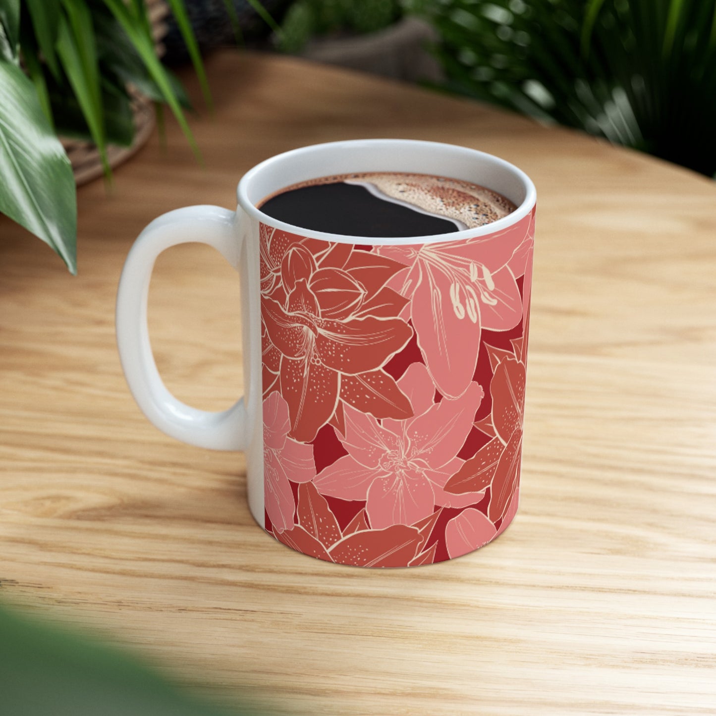 Pink and Red Floral Gold Outlined Ceramic Mug 11oz - BPA-Free