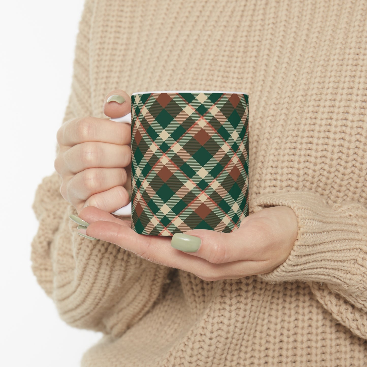 Plaid Elegance: Dark Green Mug with Cream and Reddish Brown Pattern