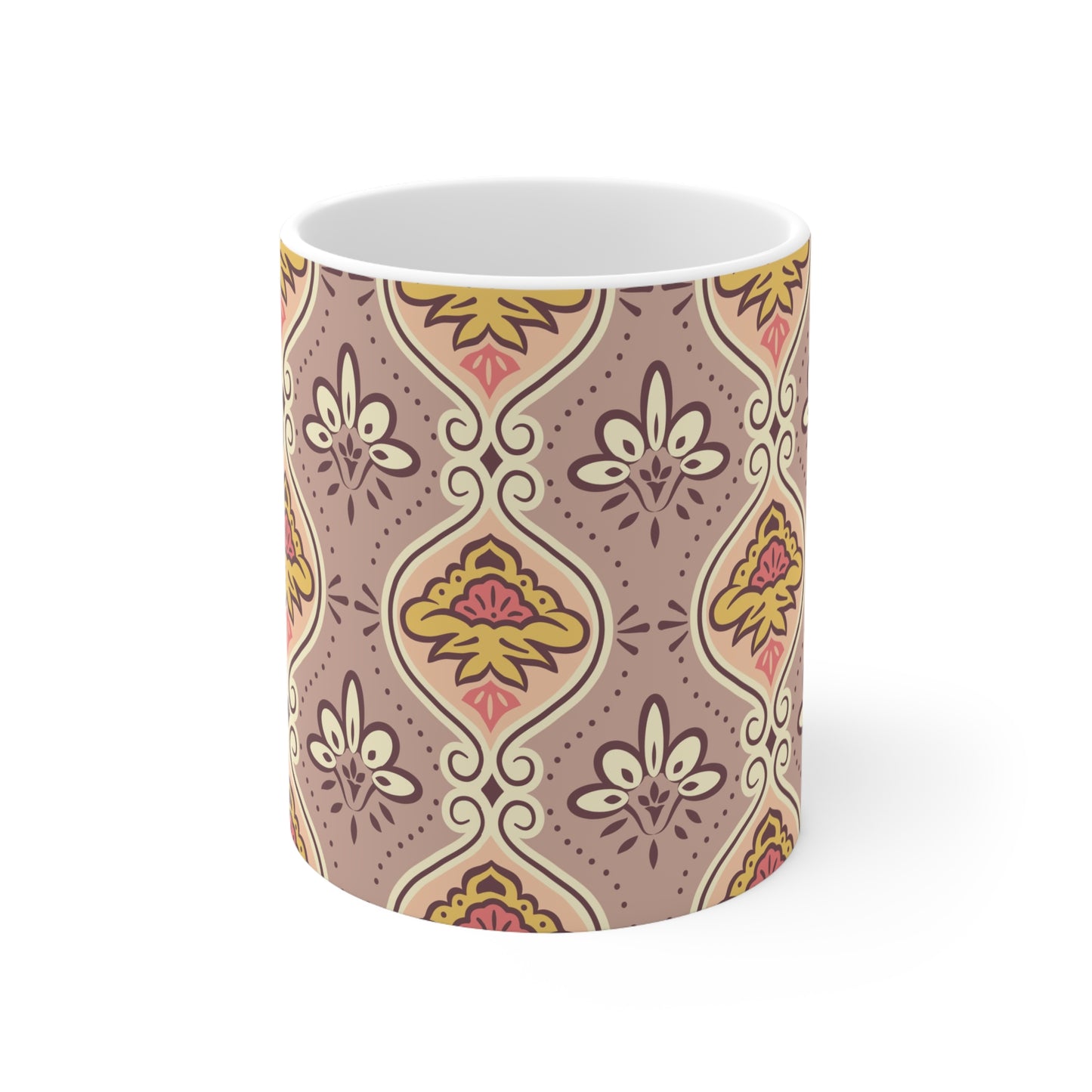 Pastel Harmony Bliss: Light Purple/Pink Ceramic Mug with Yellow and White, Pink Designs