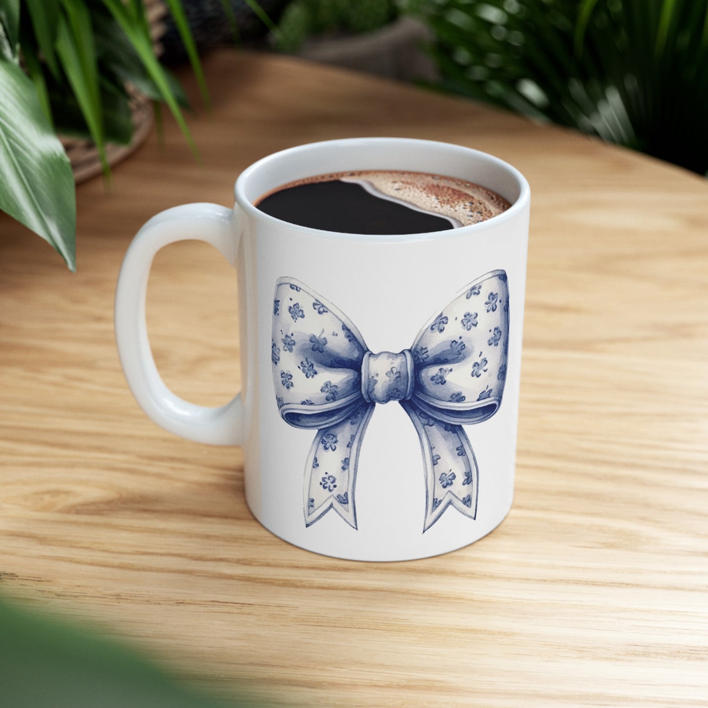 💙 Coquette White and Blue Floral Bow Ceramic Mug, 11oz