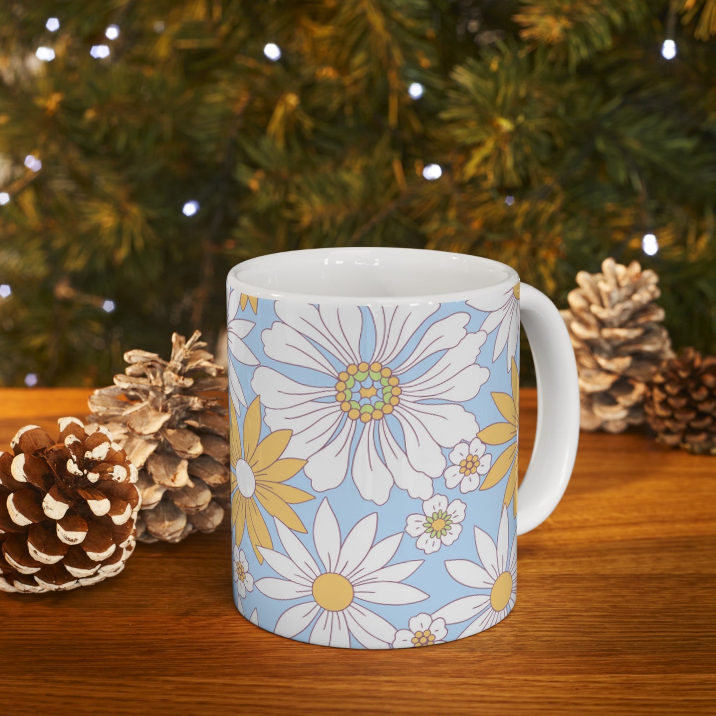 🌼 Vintage Daisy Delight Ceramic Mug 11oz - Light Blue Background