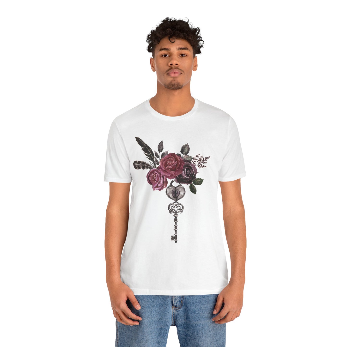 🗝️🌹Romantic Rose and Key Unisex Jersey Short Sleeve Tee