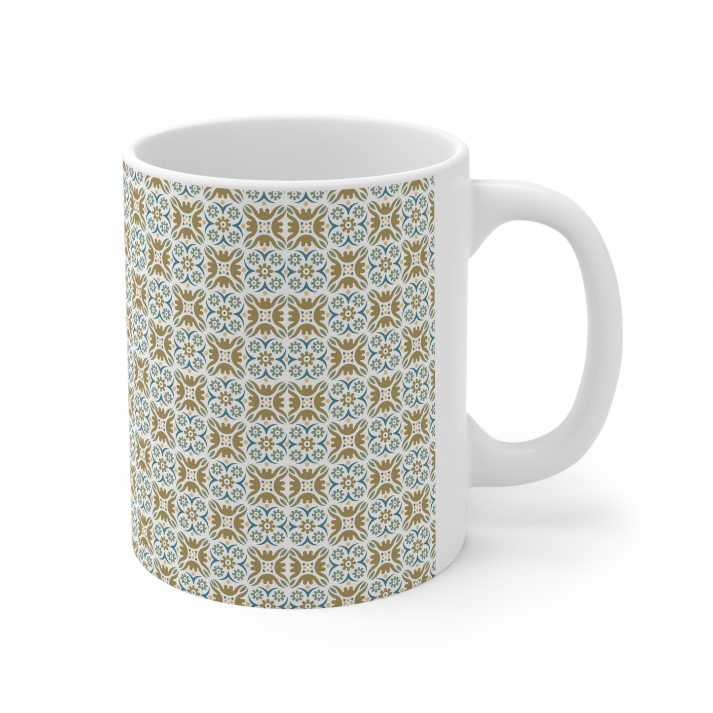 Tile Harmony Delight: White Ceramic Mug with Blue, Green, and Orange Pattern