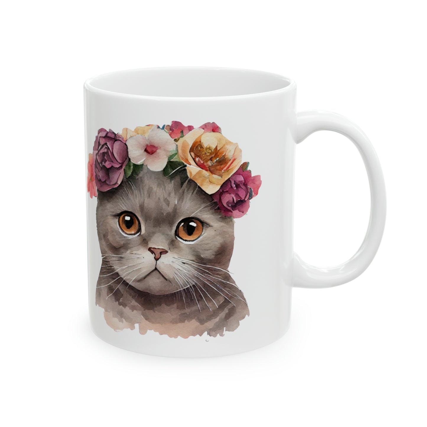 Flower Crown Grey and Brown Cat Ceramic Mug 11 oz - Perfect Gift for Cat Lovers