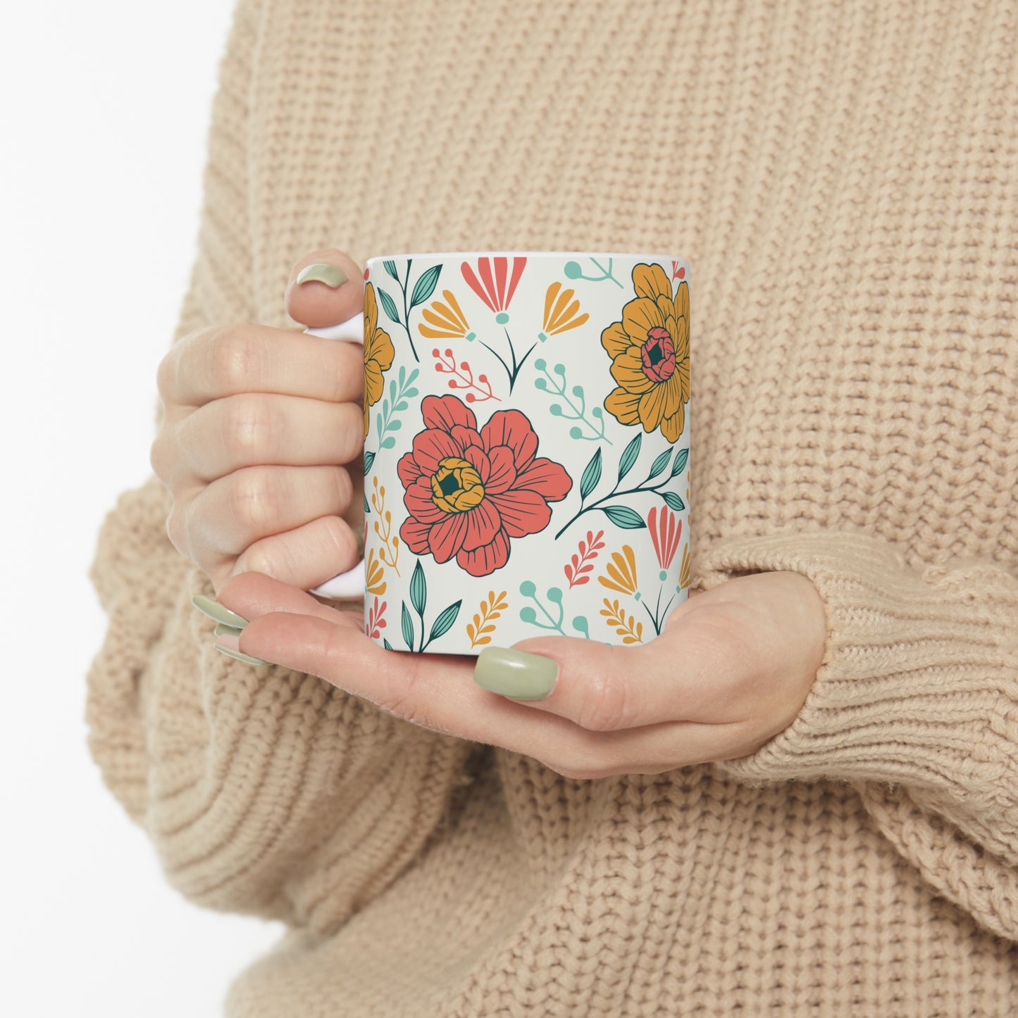 Blooms and Breezes Serenity: White Ceramic Mug with Orange, Coral Flowers, and Teal Leaves