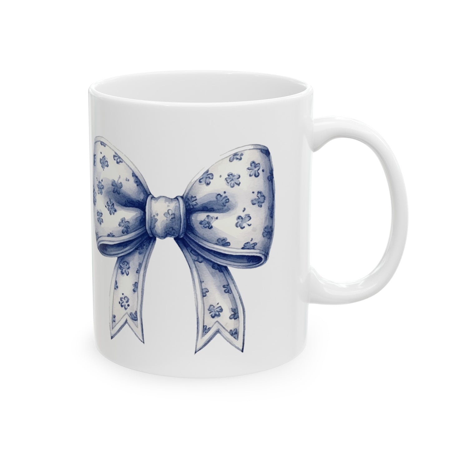 💙 Coquette White and Blue Floral Bow Ceramic Mug, 11oz