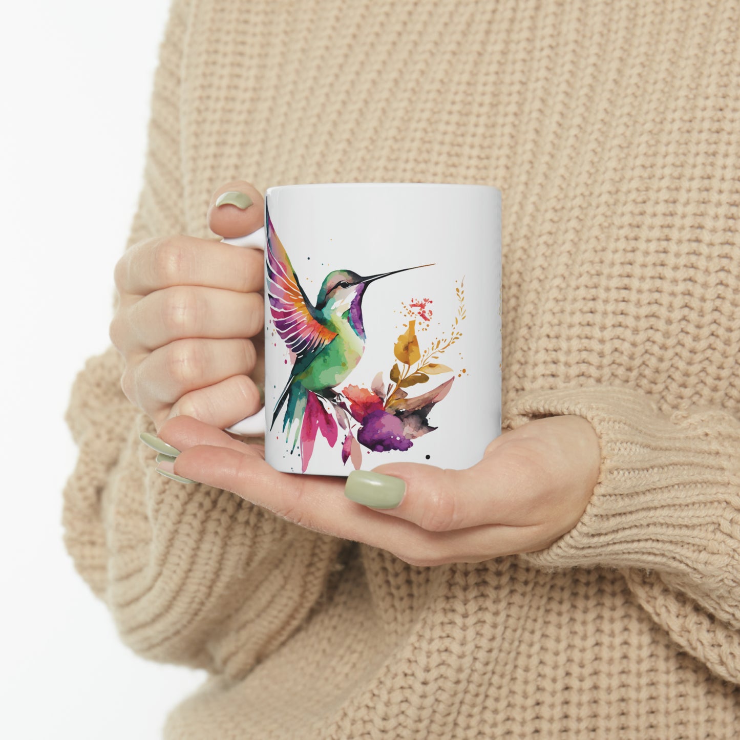 Colorful Hummingbird and Flower Ceramic Mug 11 oz - Perfect for Nature Lovers