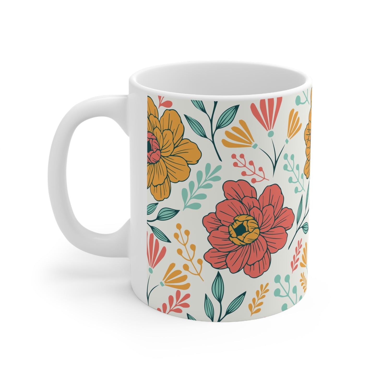 Blooms and Breezes Serenity: White Ceramic Mug with Orange, Coral Flowers, and Teal Leaves