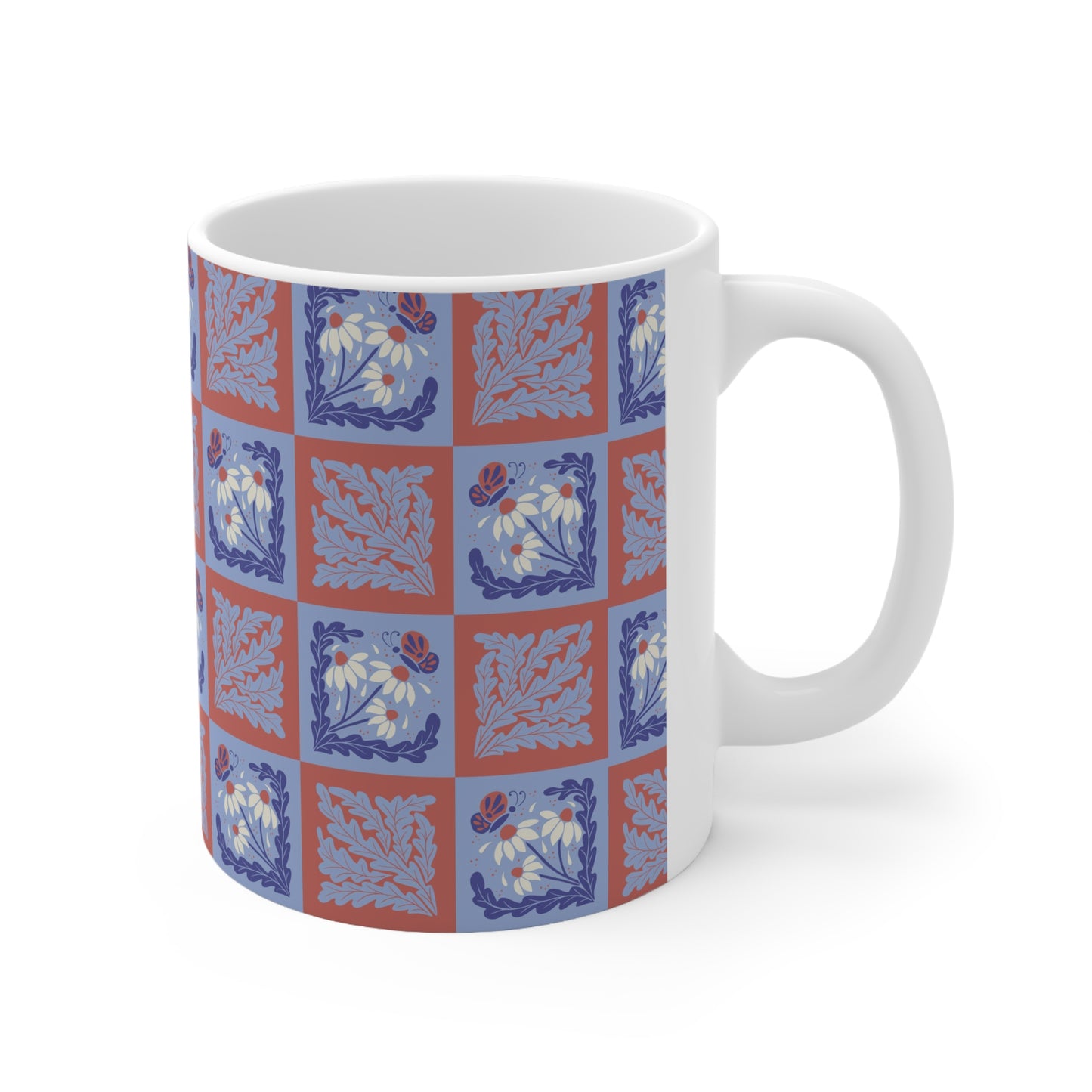 Stamped Elegance: Light Blue and Red Mug with White Flowers