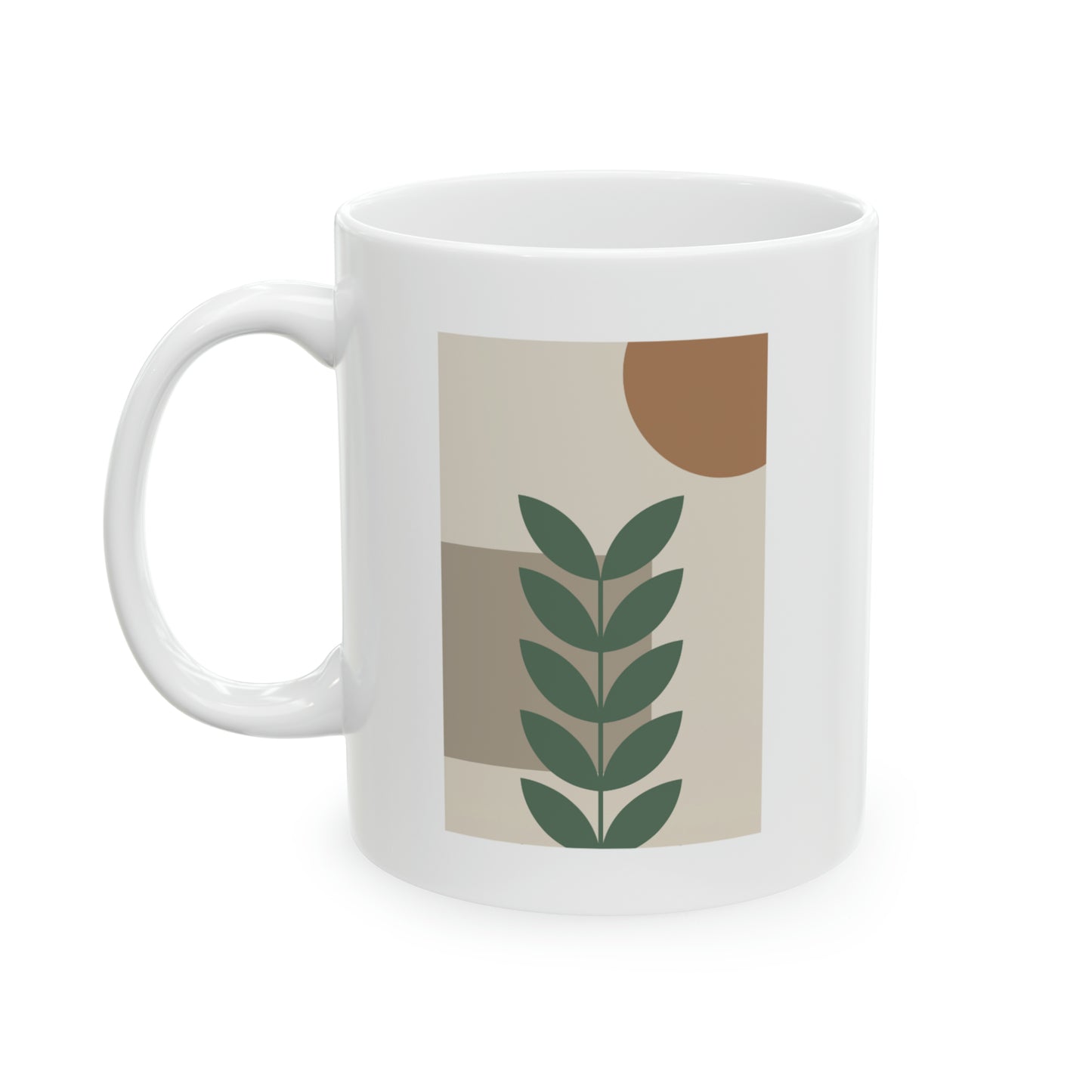 Earth Toned Plant and Sun Ceramic Mug 11 oz - Modern Art Deco Design